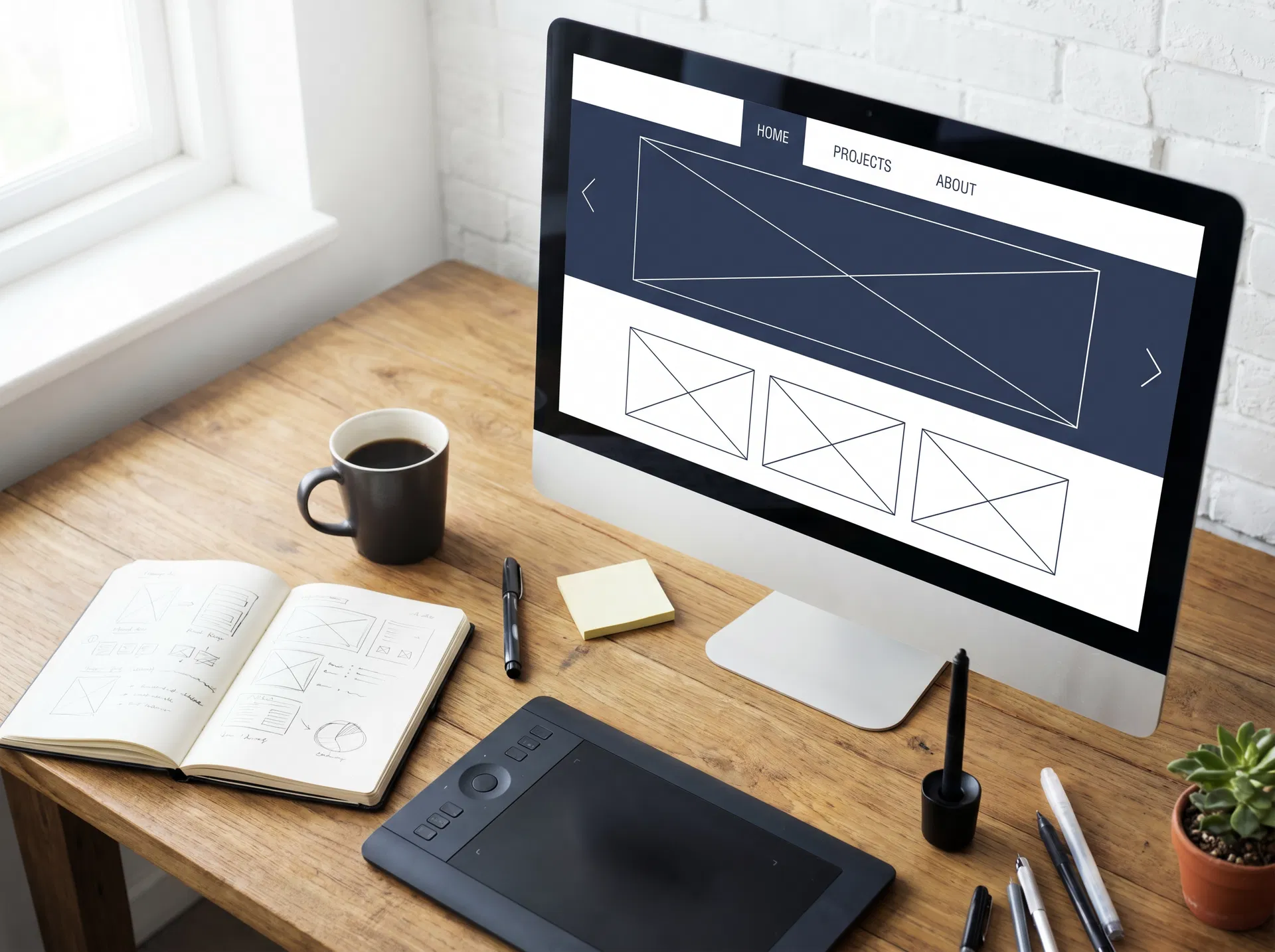 Web design process — designer's desk with wireframes