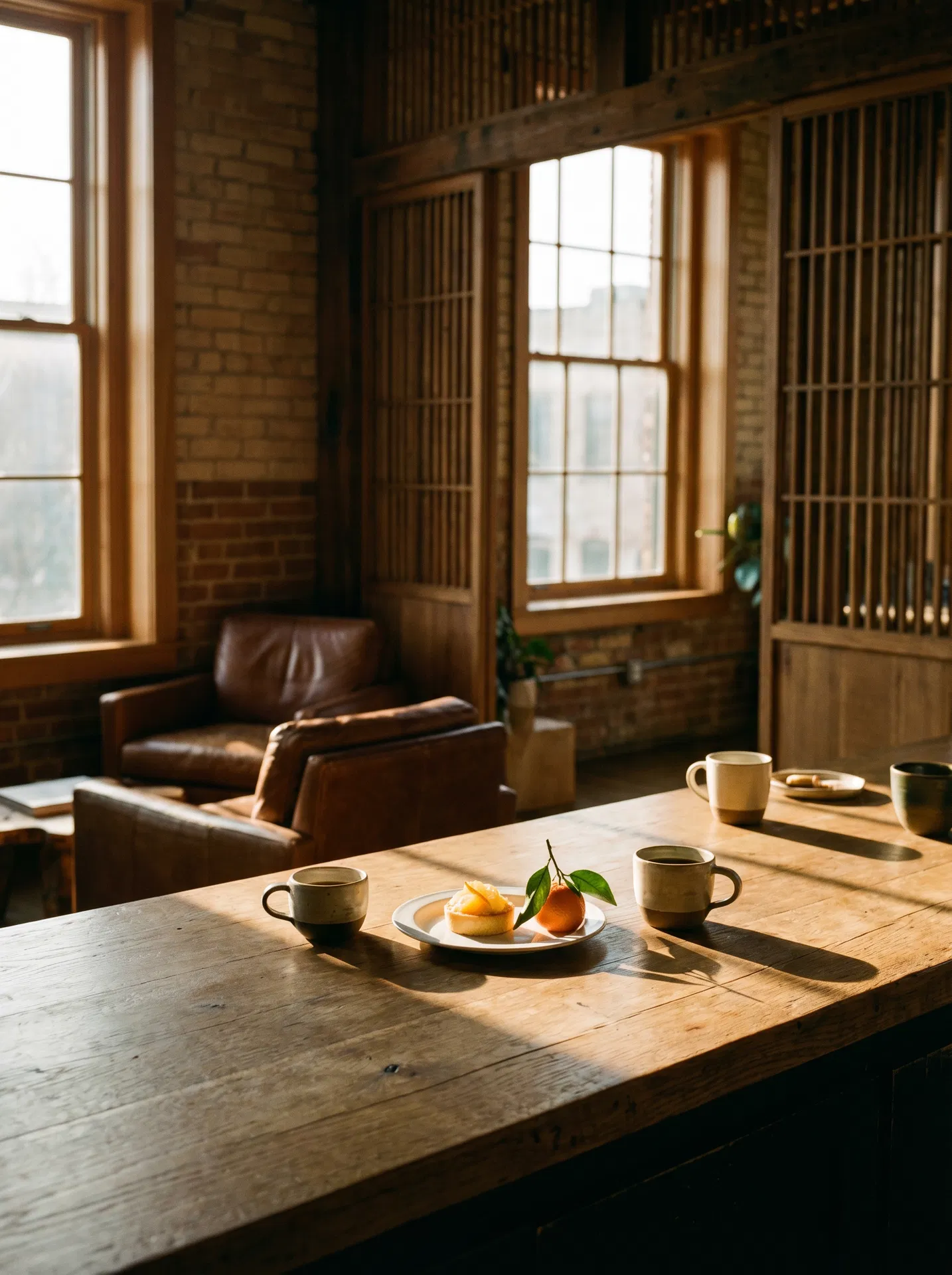 伊予庵の店内。西日と古木のカウンター