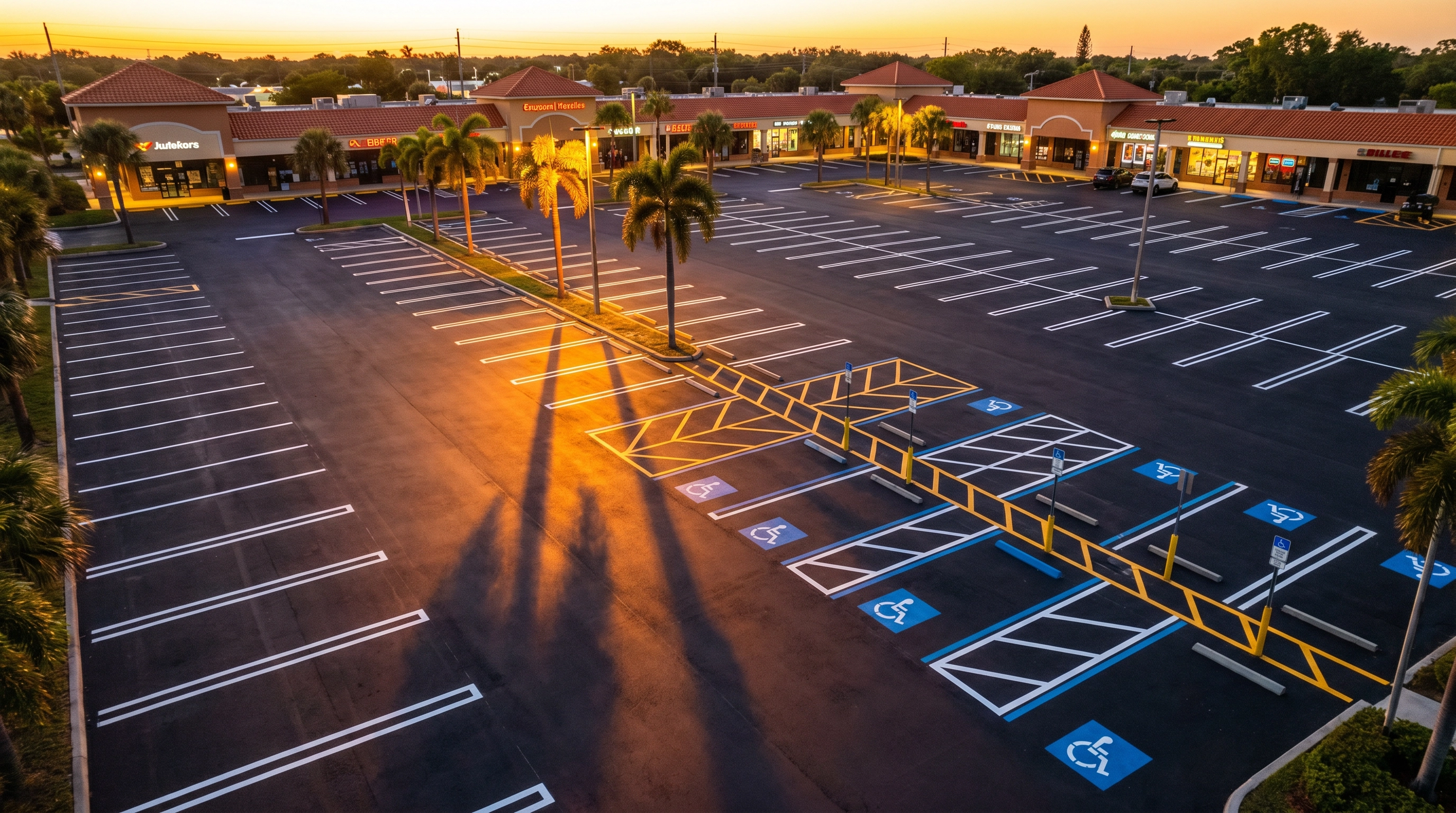 Freshly striped commercial parking lot at sunset