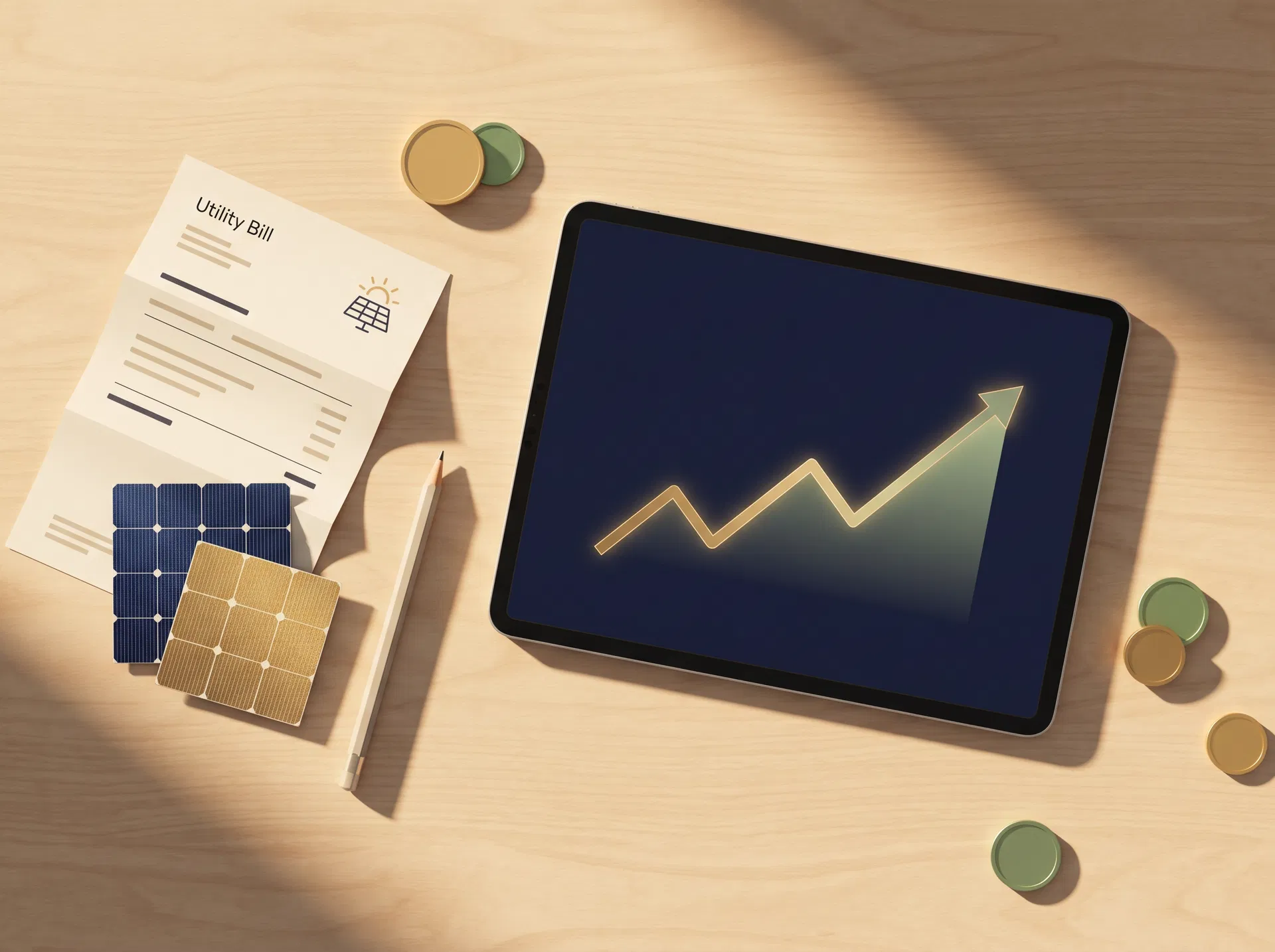 Solar planning desk with utility bill and energy graph