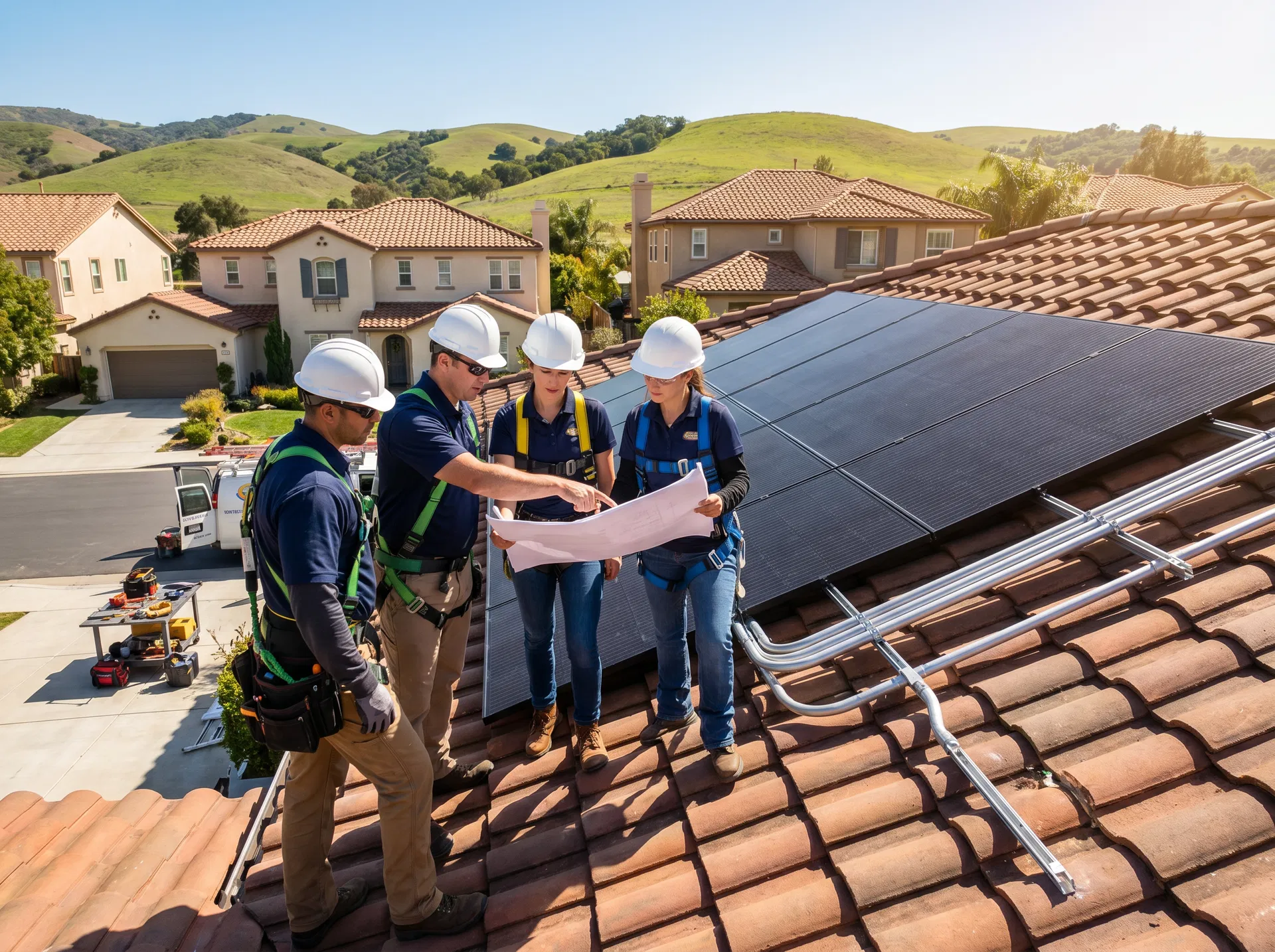 Solar installation team reviewing plans on a California roof