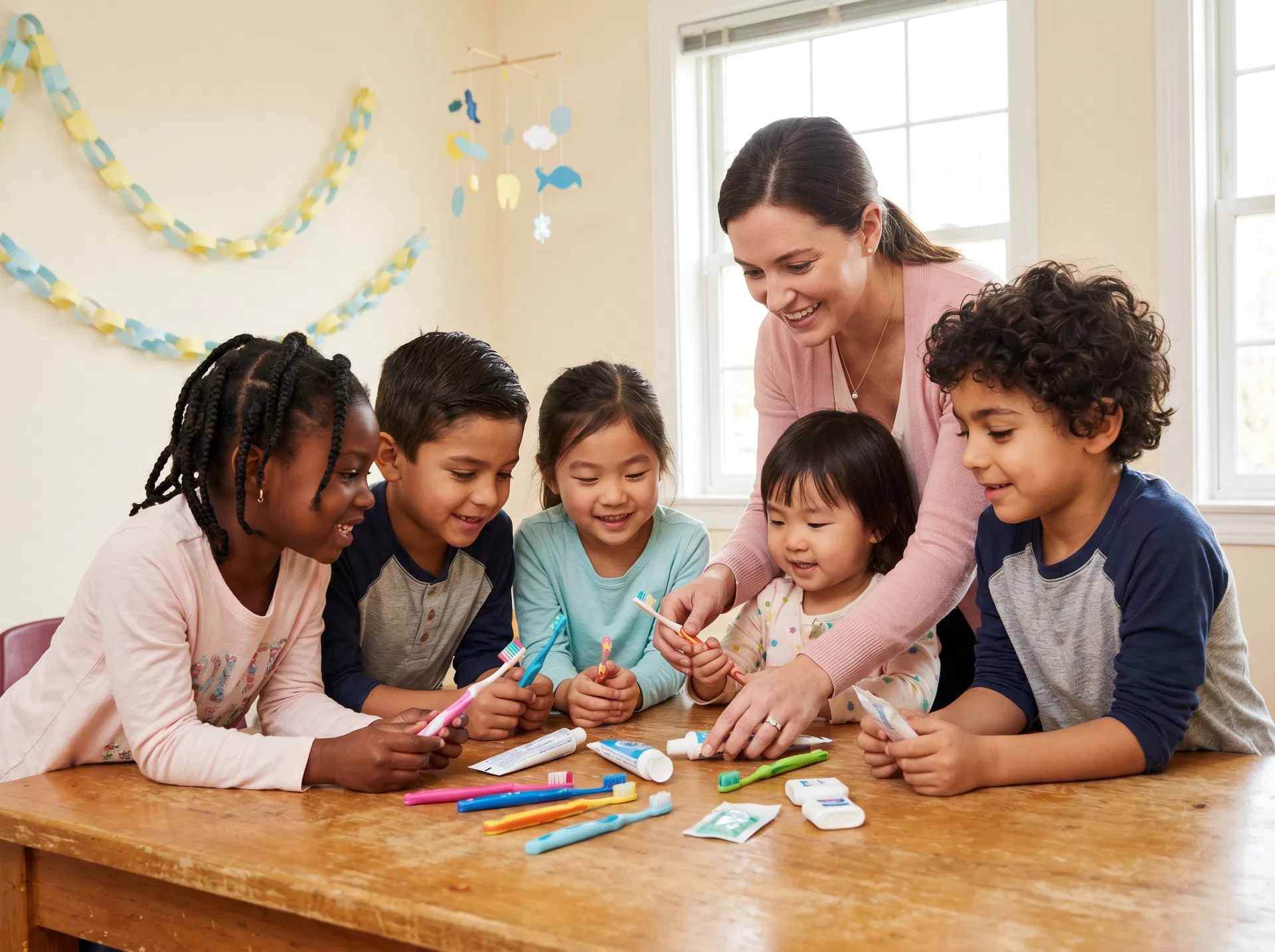 Children learning about dental hygiene with a volunteer