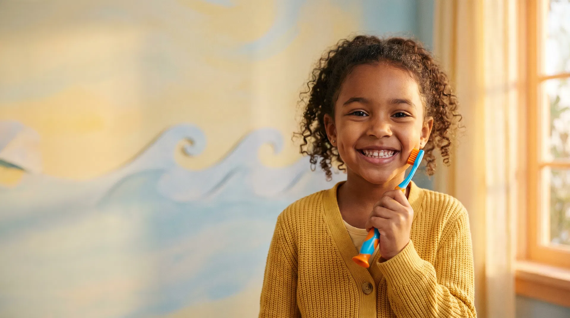 A smiling child holding a colorful toothbrush