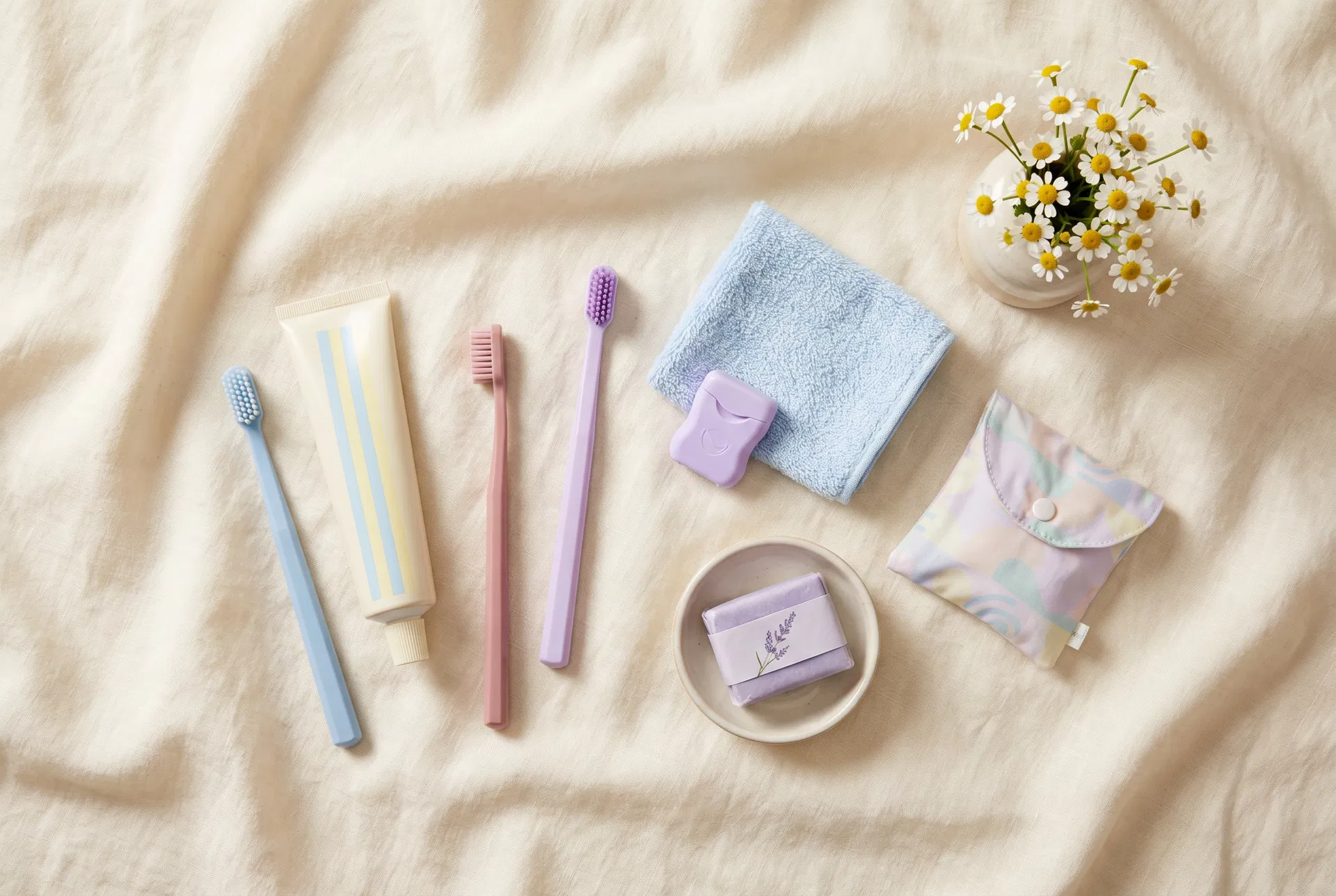 Toothbrushes, floss, soap and hygiene supplies laid on soft linen