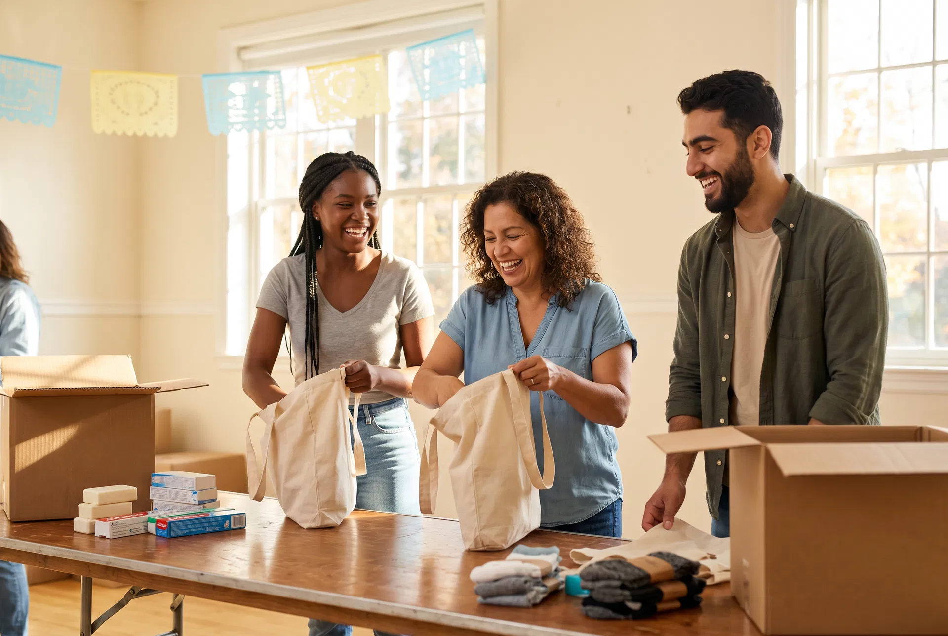 Volunteers packing hygiene kits into tote bags at a community event