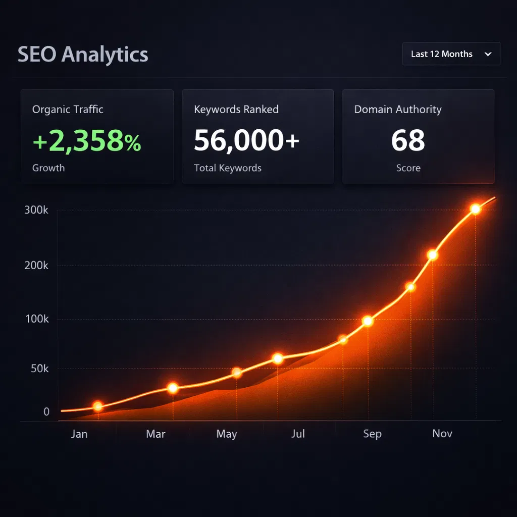 SEO Analytics Dashboard showing dramatic growth