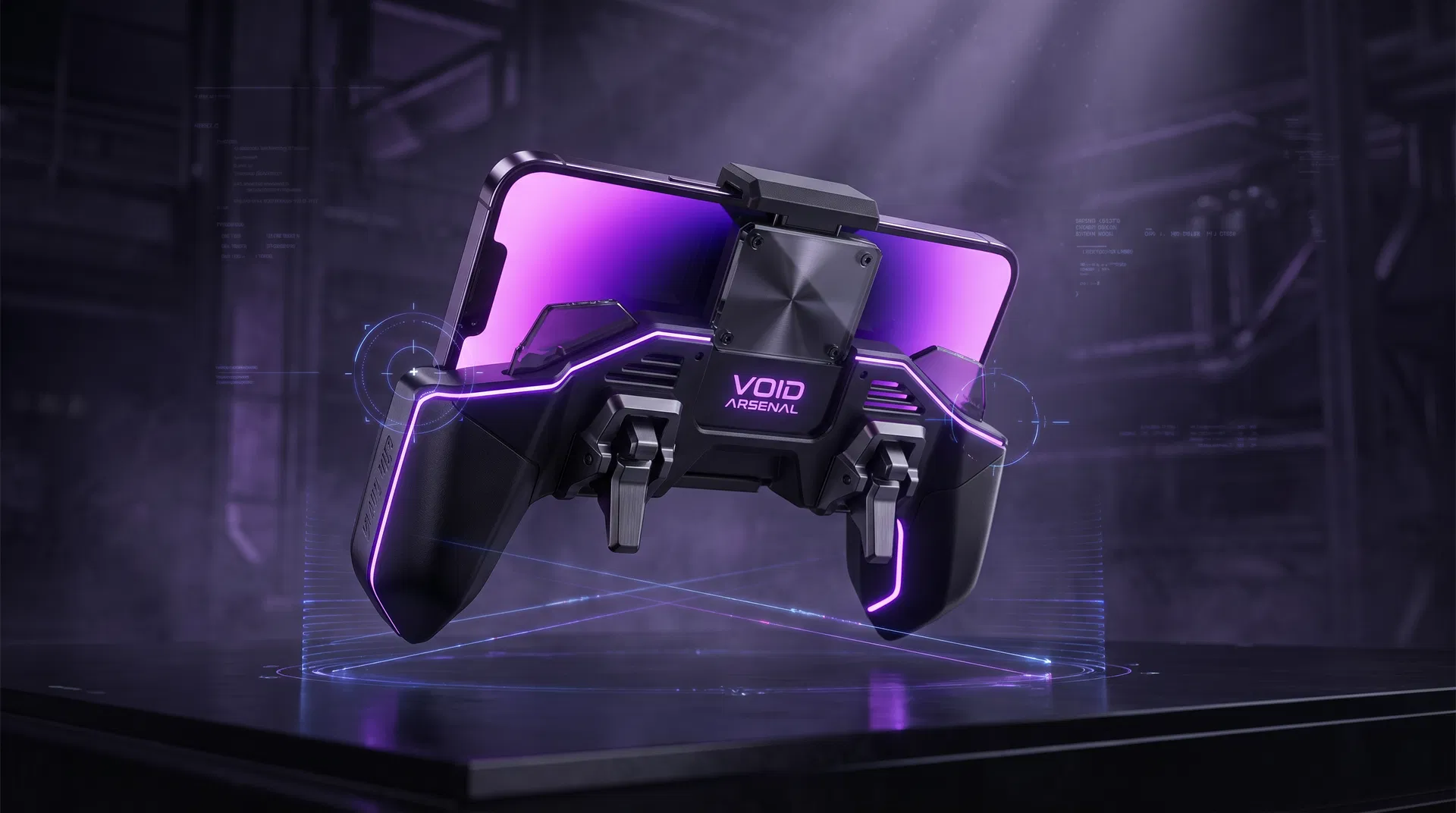 Visuel premium VOID ARSENAL d’un contrôleur mobile FPS futuriste