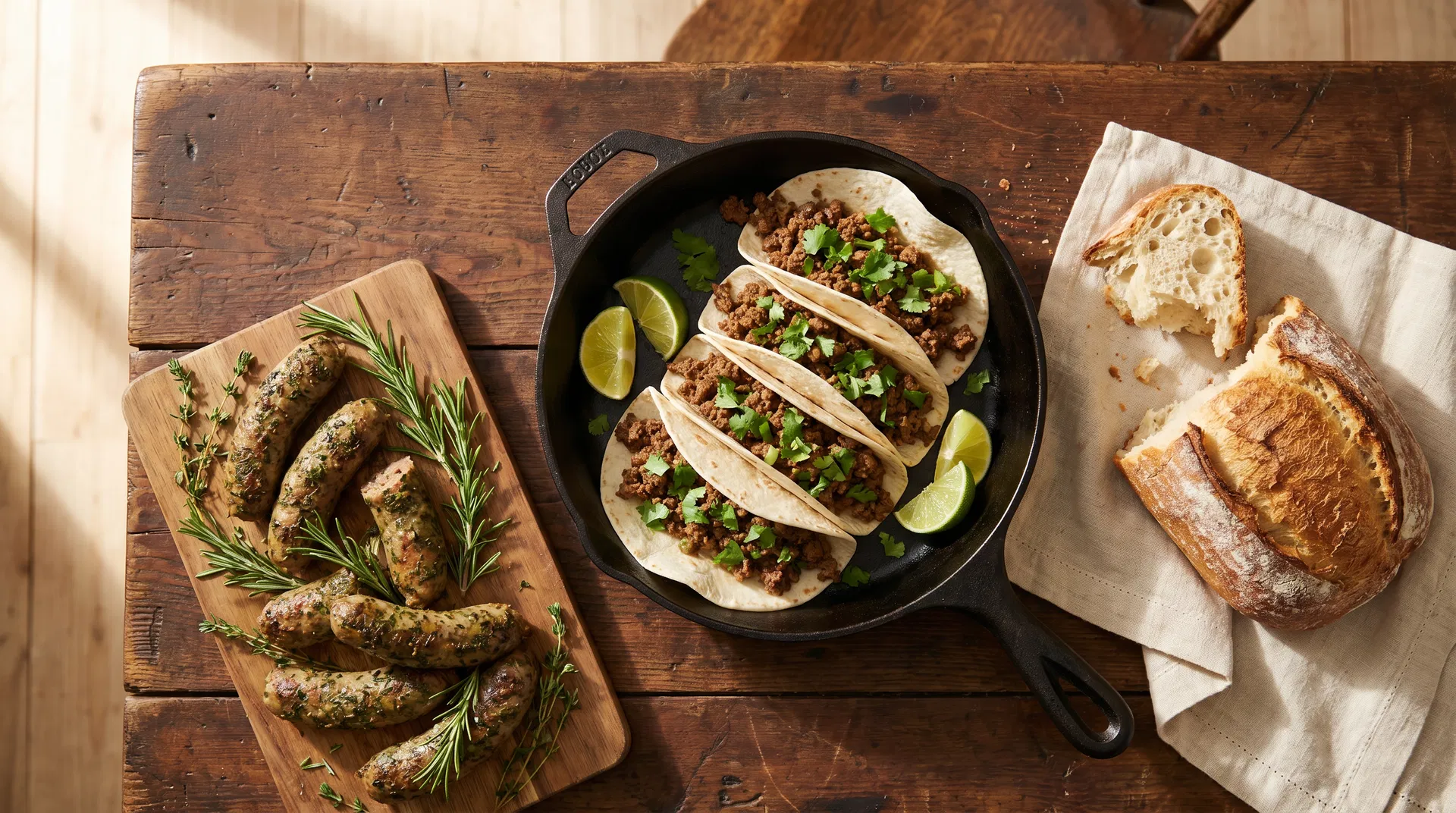 Premium lamb dishes — herb-crusted sausage and ground lamb tacos
