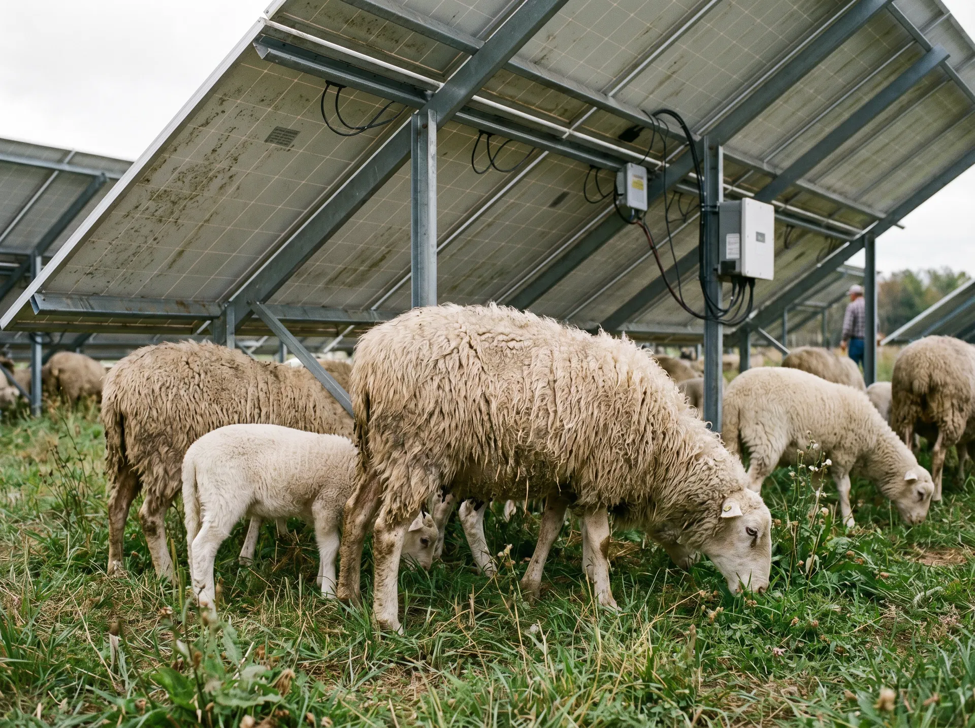 Katahdin sheep grazing under solar panels - solar grazing services in Georgia, South Carolina, North Carolina