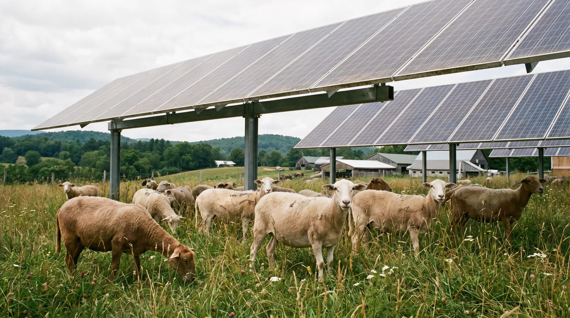 Katahdin sheep grazing under solar panels - solar grazing and agrivoltaics in the Southeast