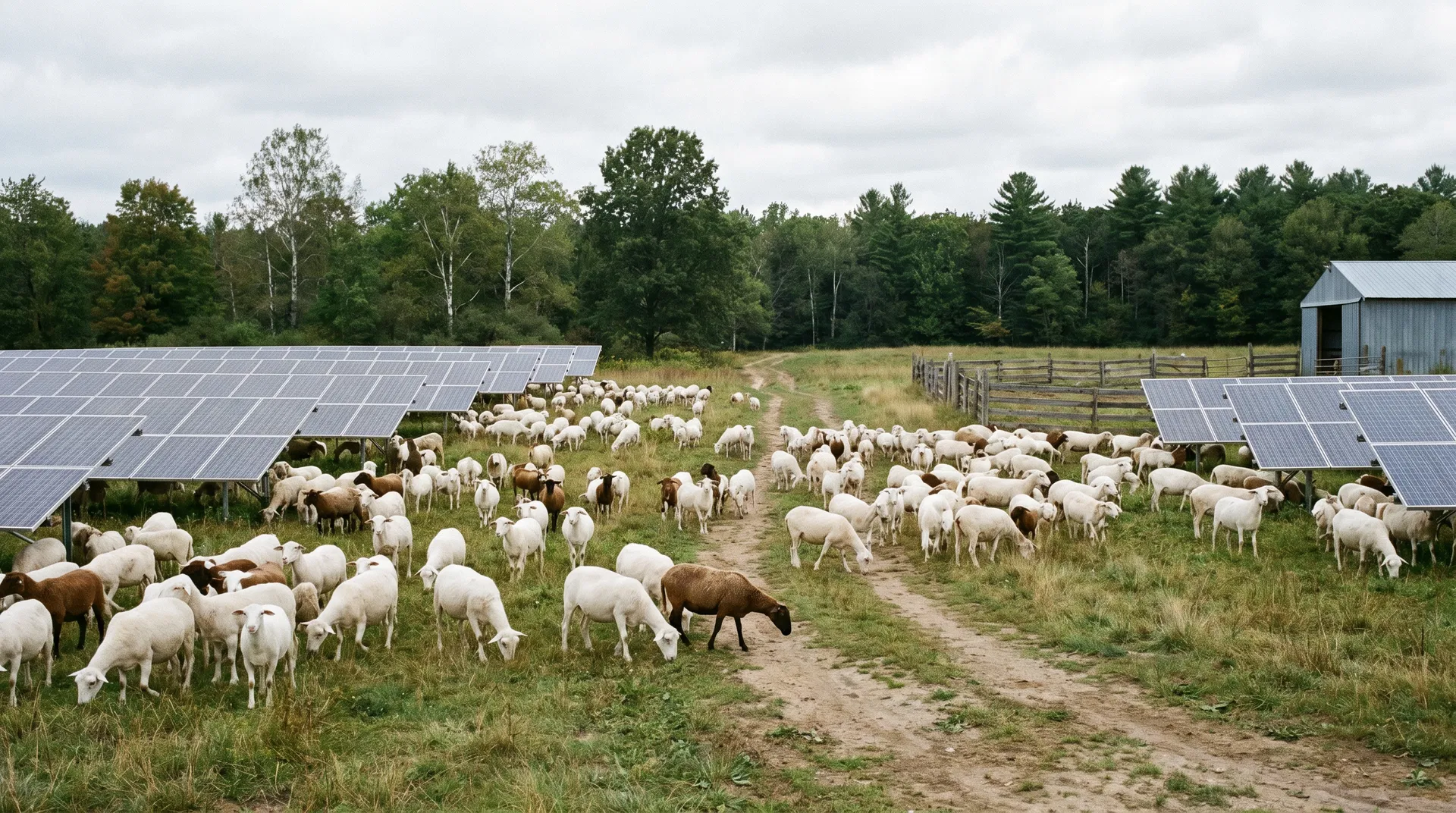 Katahdin sheep grazing under solar panels with forest background - agrivoltaics and solar grazing