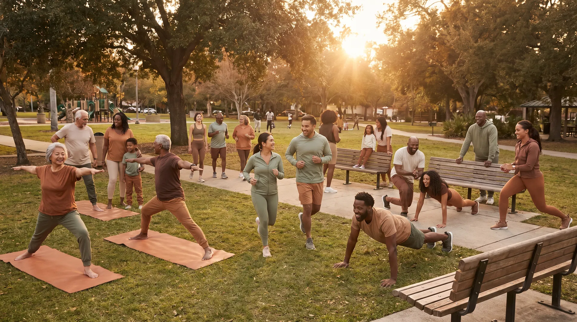 Community fitness gathering at golden hour