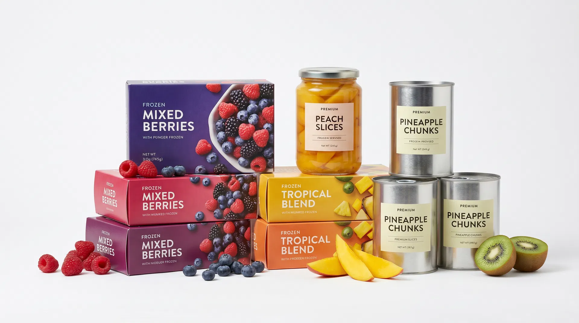 Frozen mango, berries, and canned fruit products prepared for export from Thailand