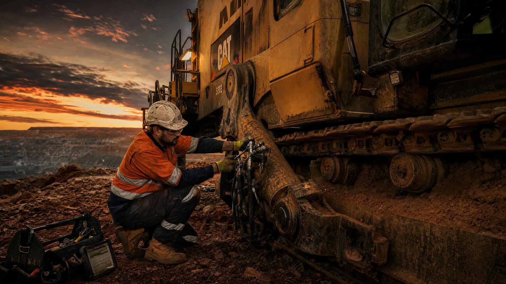 Field service mechanic and JHD Maintenance service ute at active mine site — Western Australia