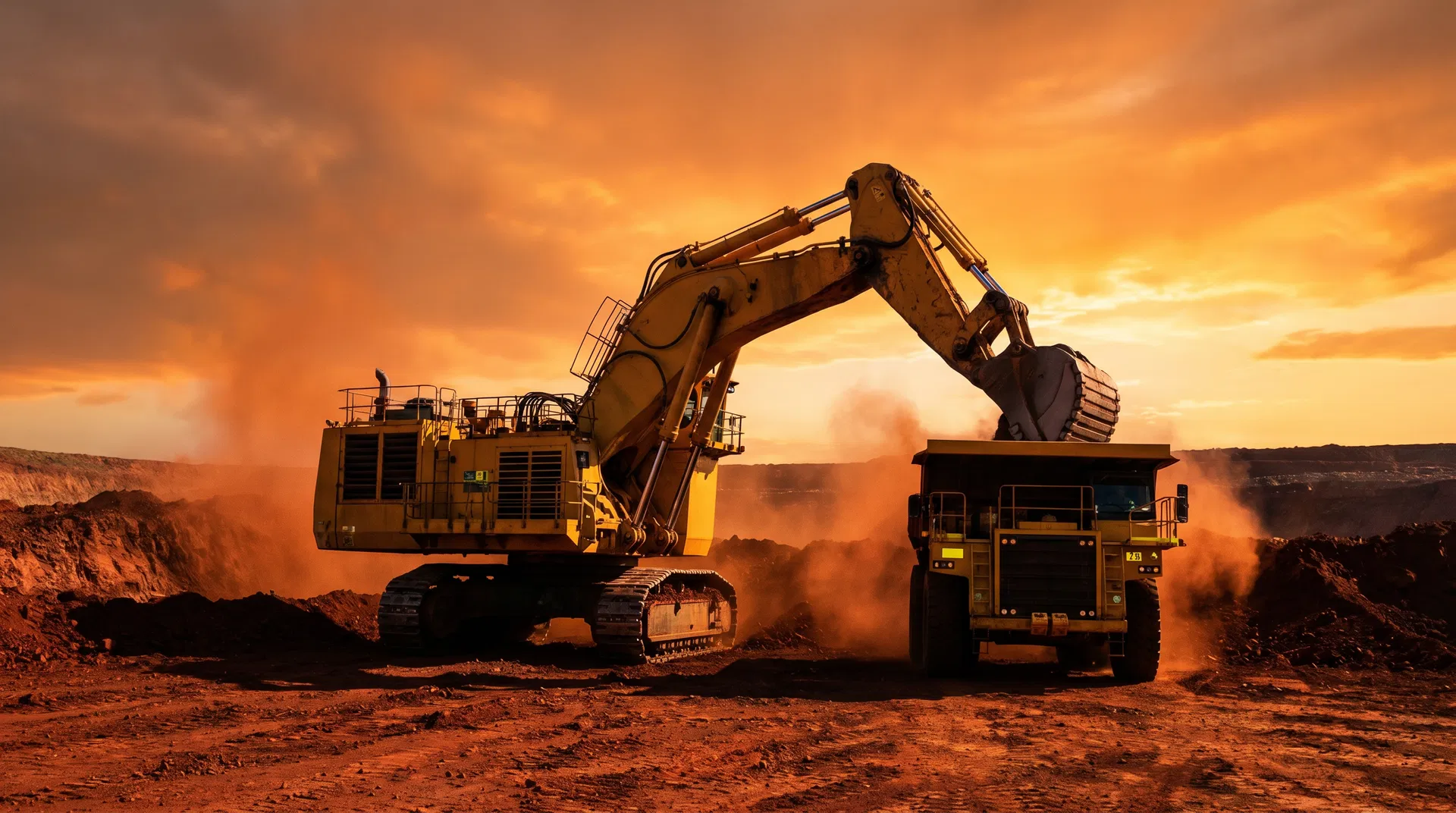 Mining excavator and haul truck at dusk — JHD Maintenance
