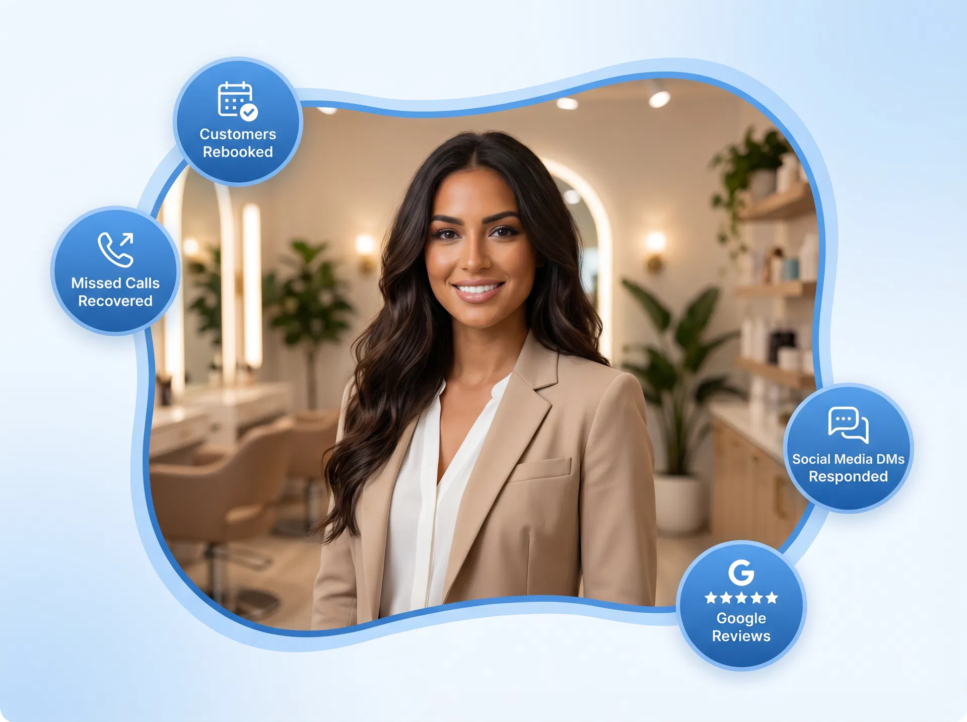 Brunette beautician with metric badges - Customers Rebooked, Missed Calls Recovered, Social Media DMs, Google Reviews