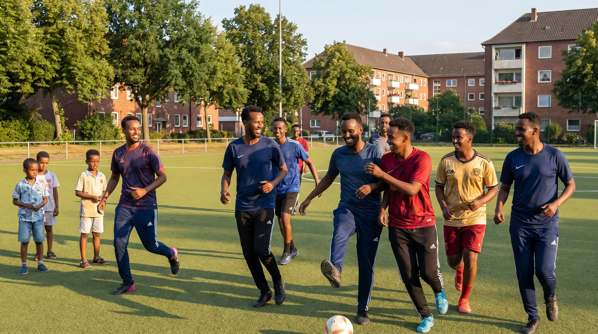Mitglieder der somalischen Gemeinschaft spielen im Sommer gemeinsam Fußball