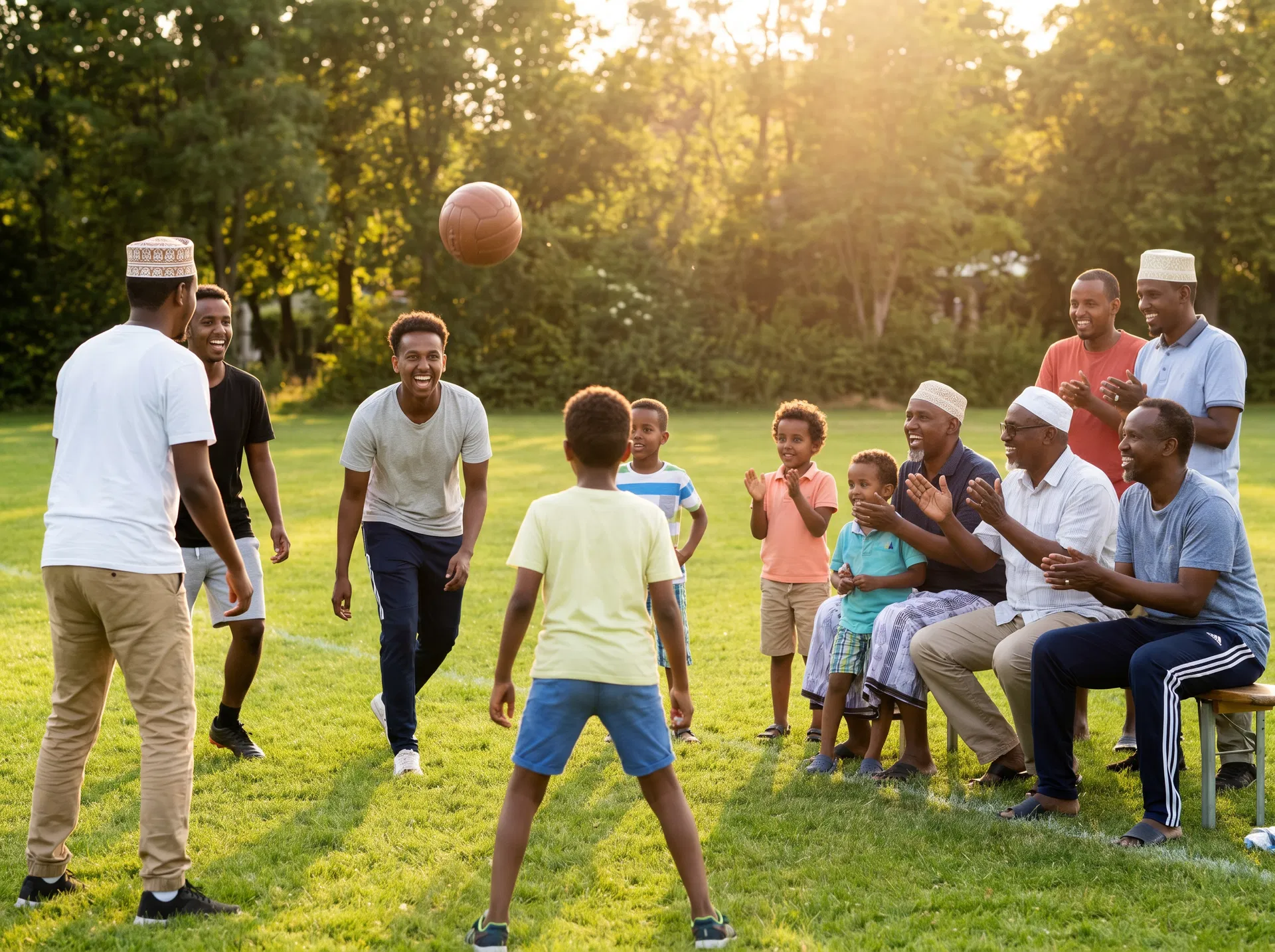 Somalische Familien und Kinder erleben im Sommer gemeinsam Fußball und Gemeinschaft im Freien