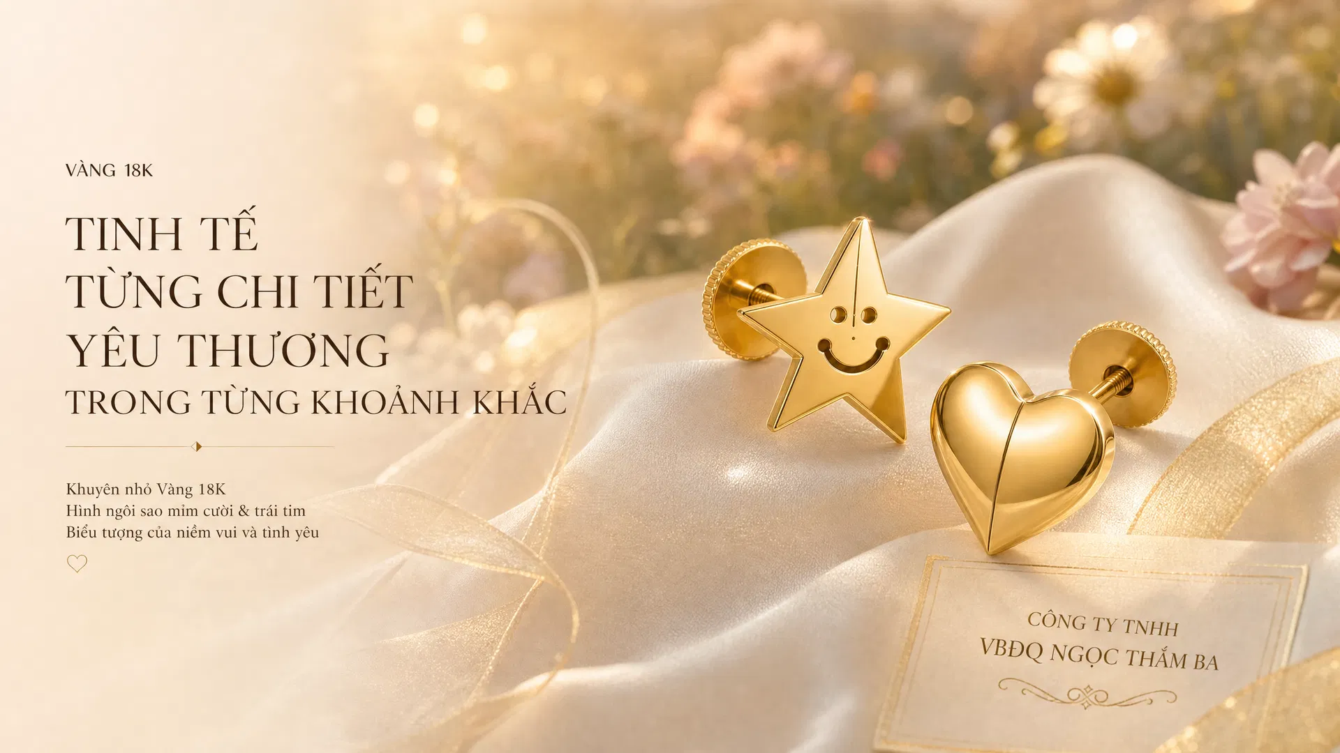 Bông tai vàng 18K trên nền lụa và cánh đồng hoa