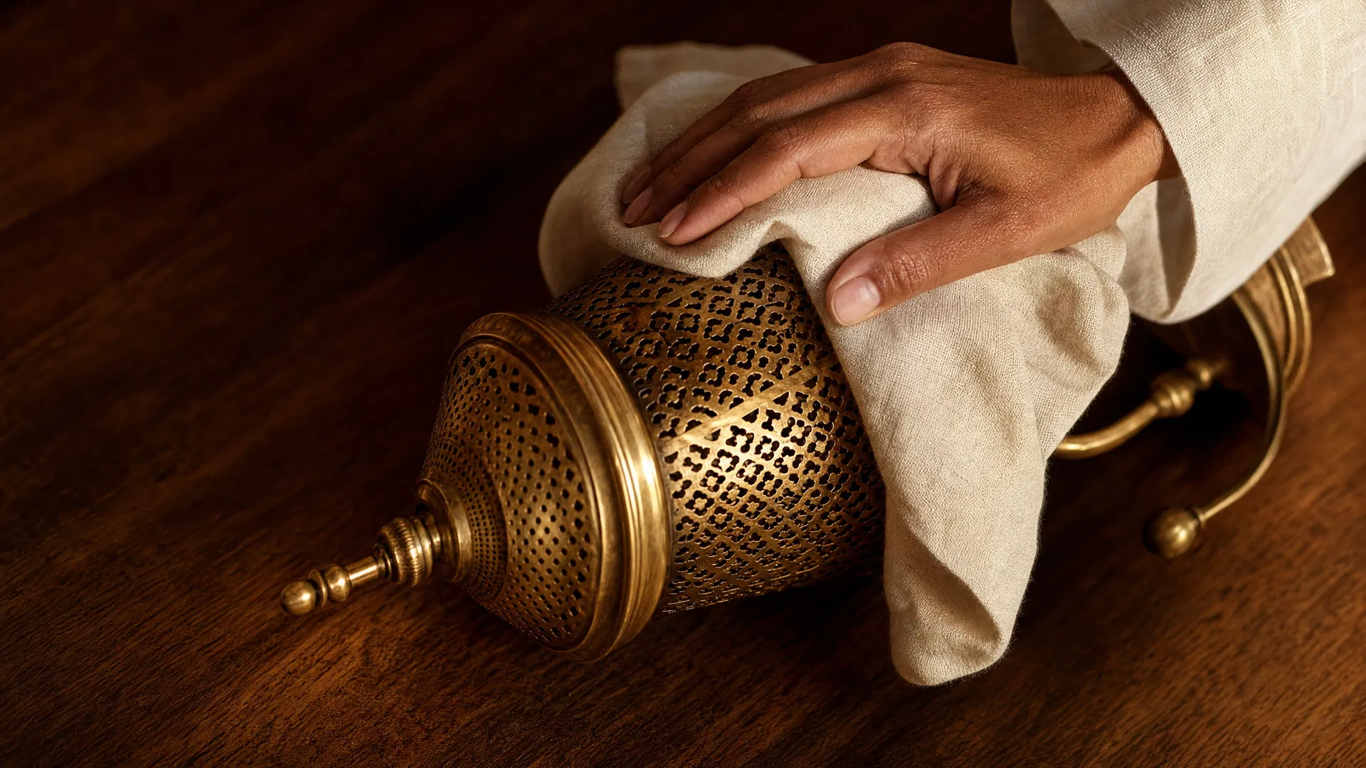 Gently polishing a Moroccan brass sconce with a soft linen cloth