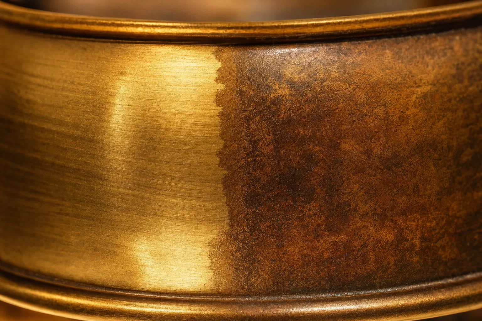 Close-up of unlacquered brass surface showing natural patina