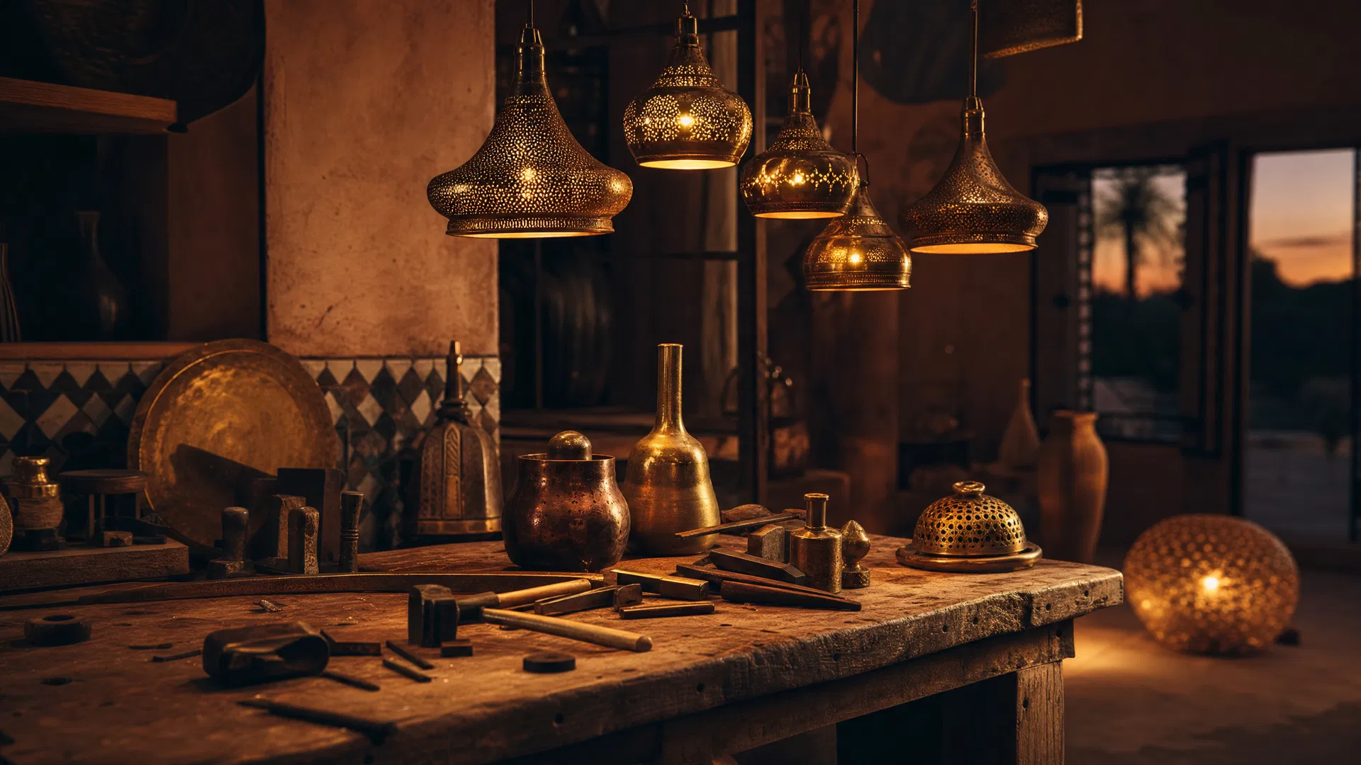Moroccan brass atelier at dusk