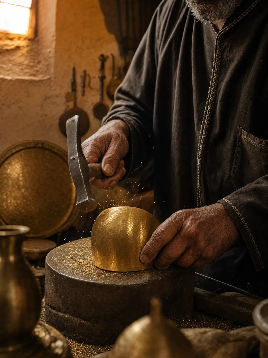 Moroccan artisan hand-forging brass in a traditional Marrakech workshop