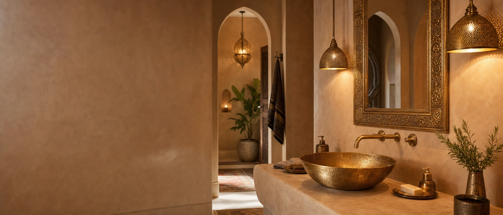 Handcrafted brass fixtures in a Moroccan-inspired interior