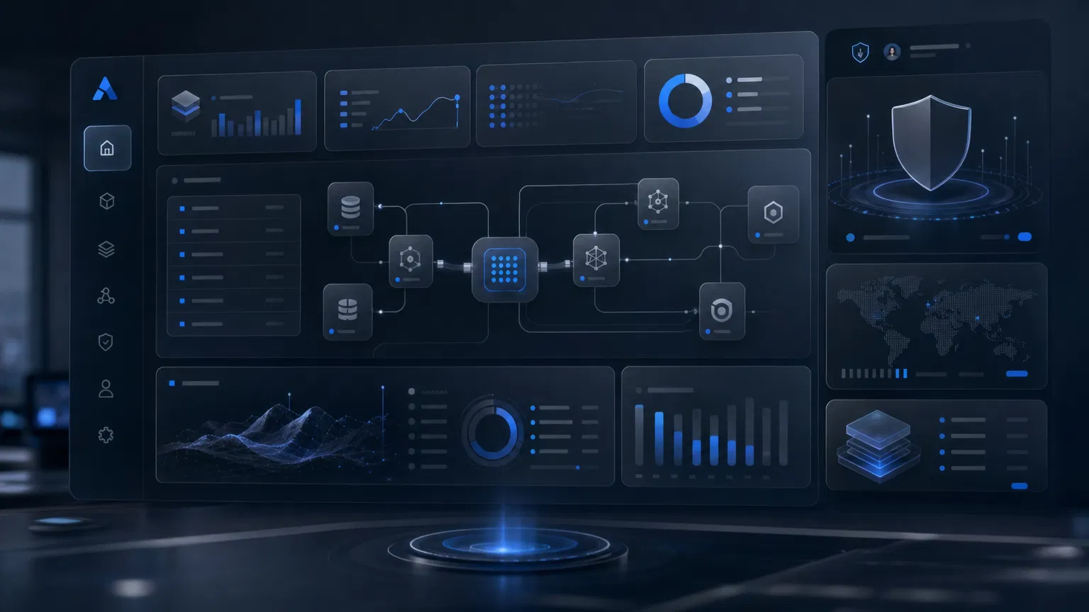 Executive AI dashboard with secure analytics and workflow panels