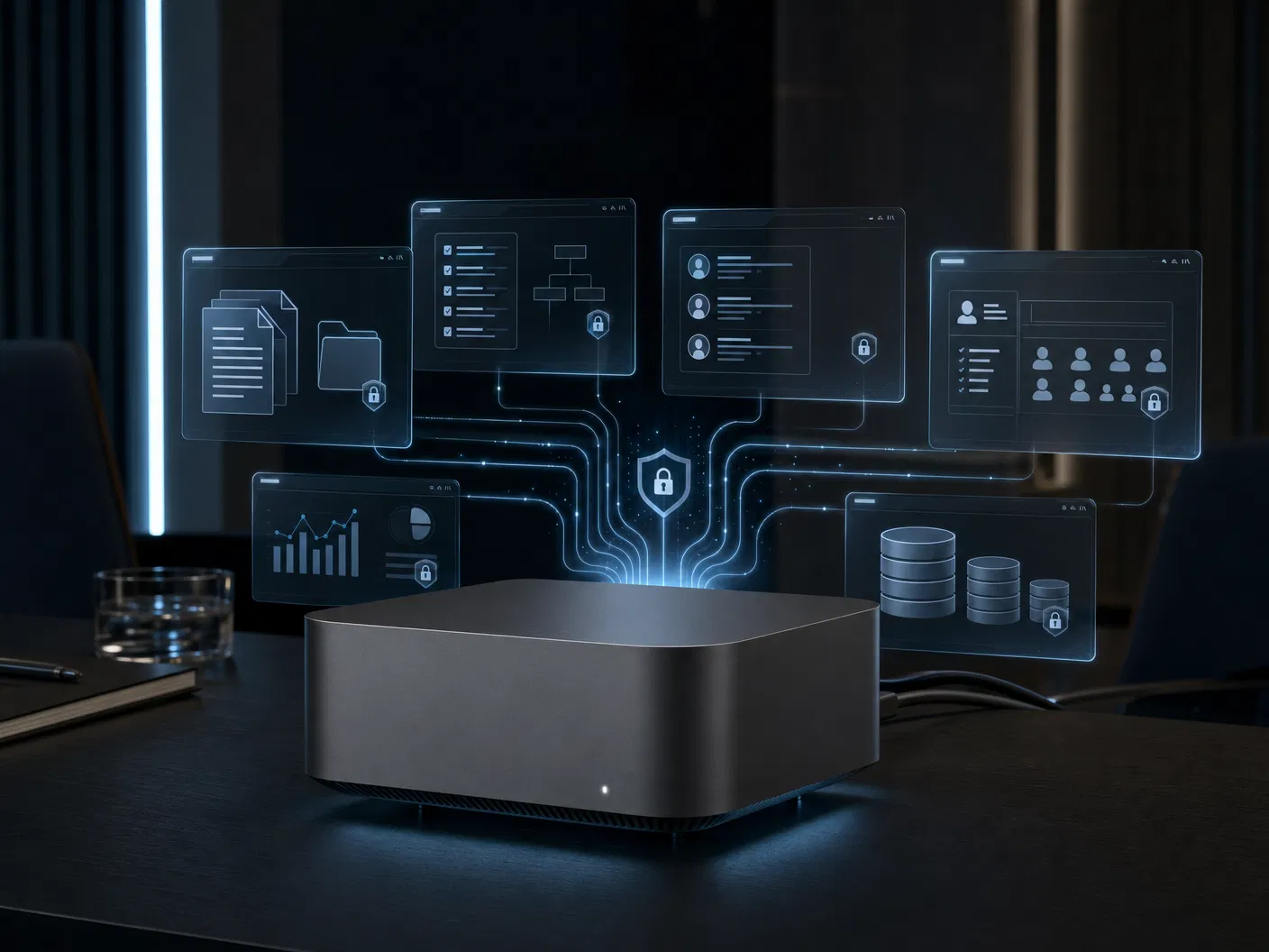 Compact private AI appliance connected to protected business systems