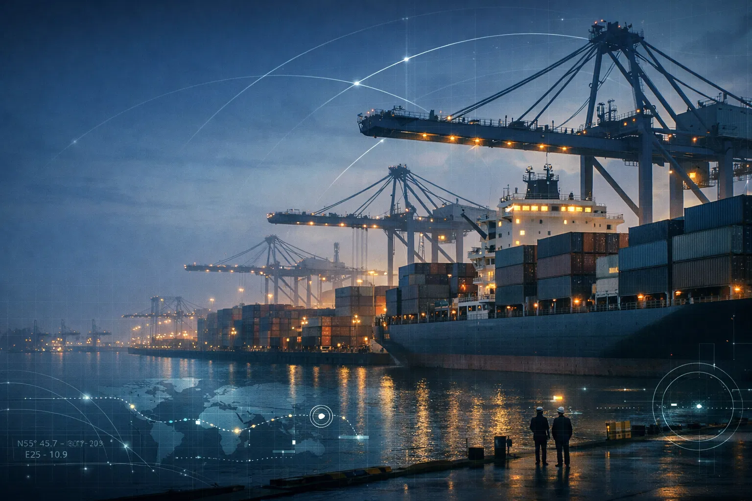 A cargo port at blue hour illustrating global procurement, shipping logistics, and international sourcing