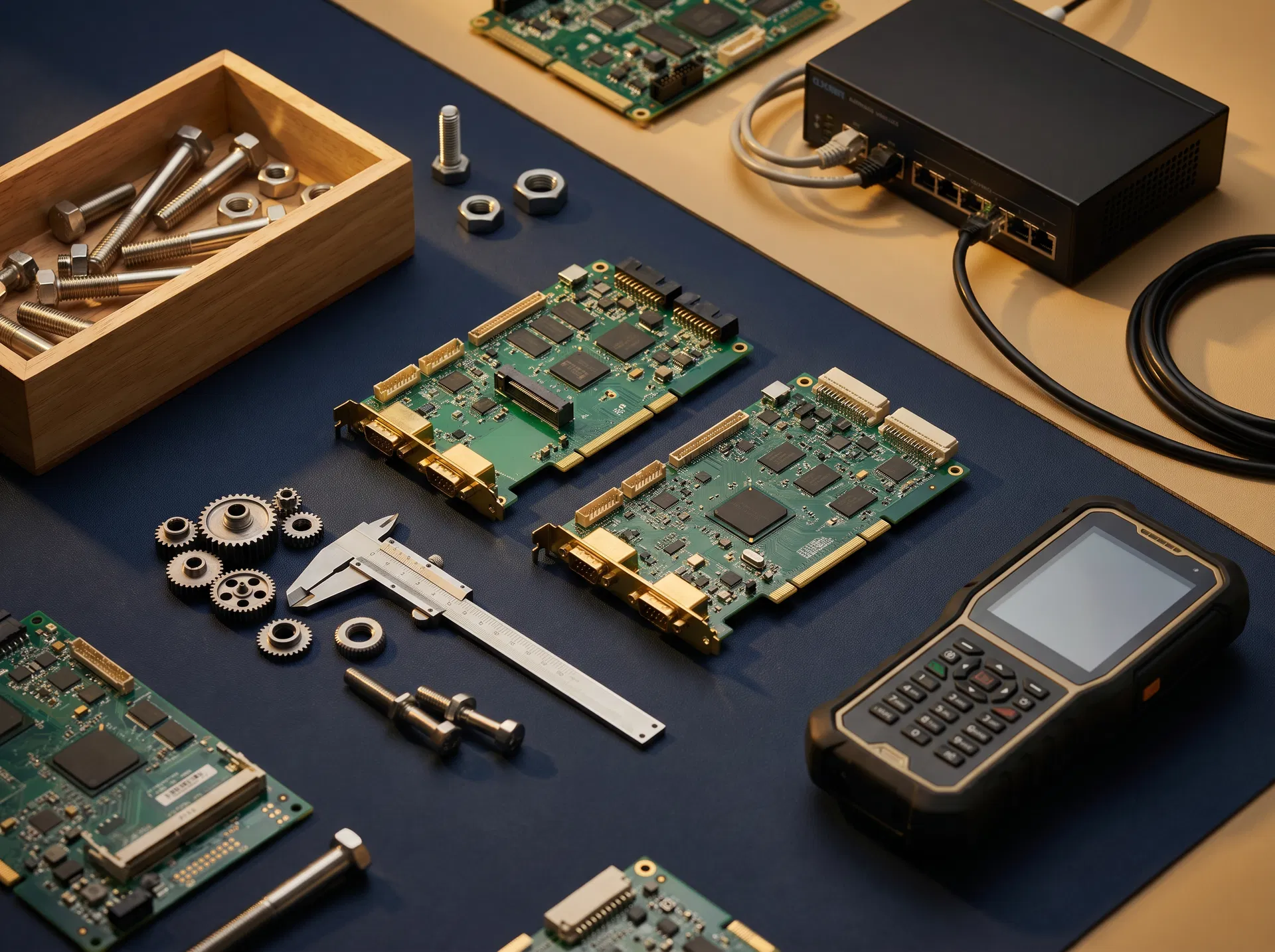 A curated arrangement of consumer and technology-related supply items representing Gulfline Trading Company’s sector background