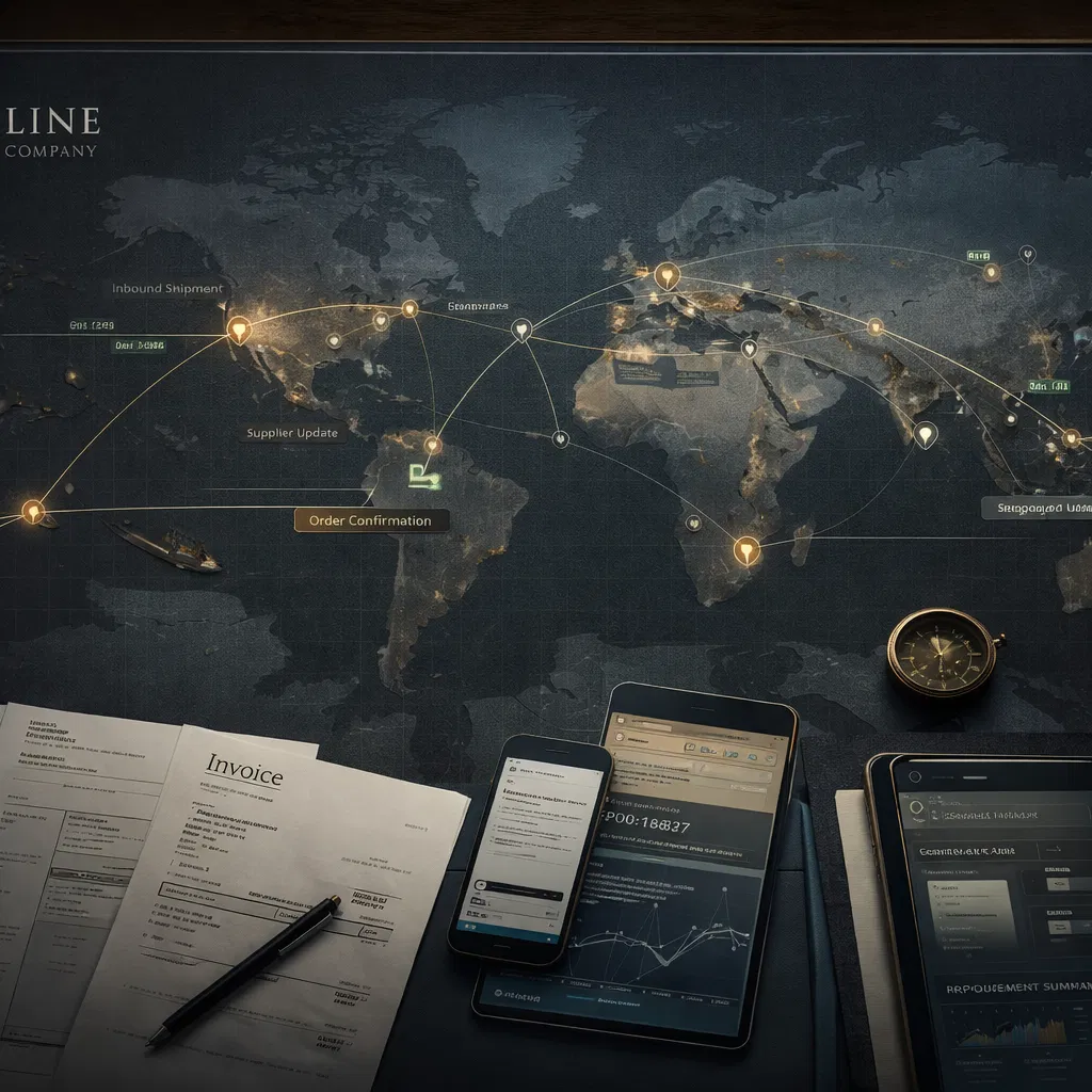 A world map logistics interface illustrating global sourcing and coordinated supplier networks