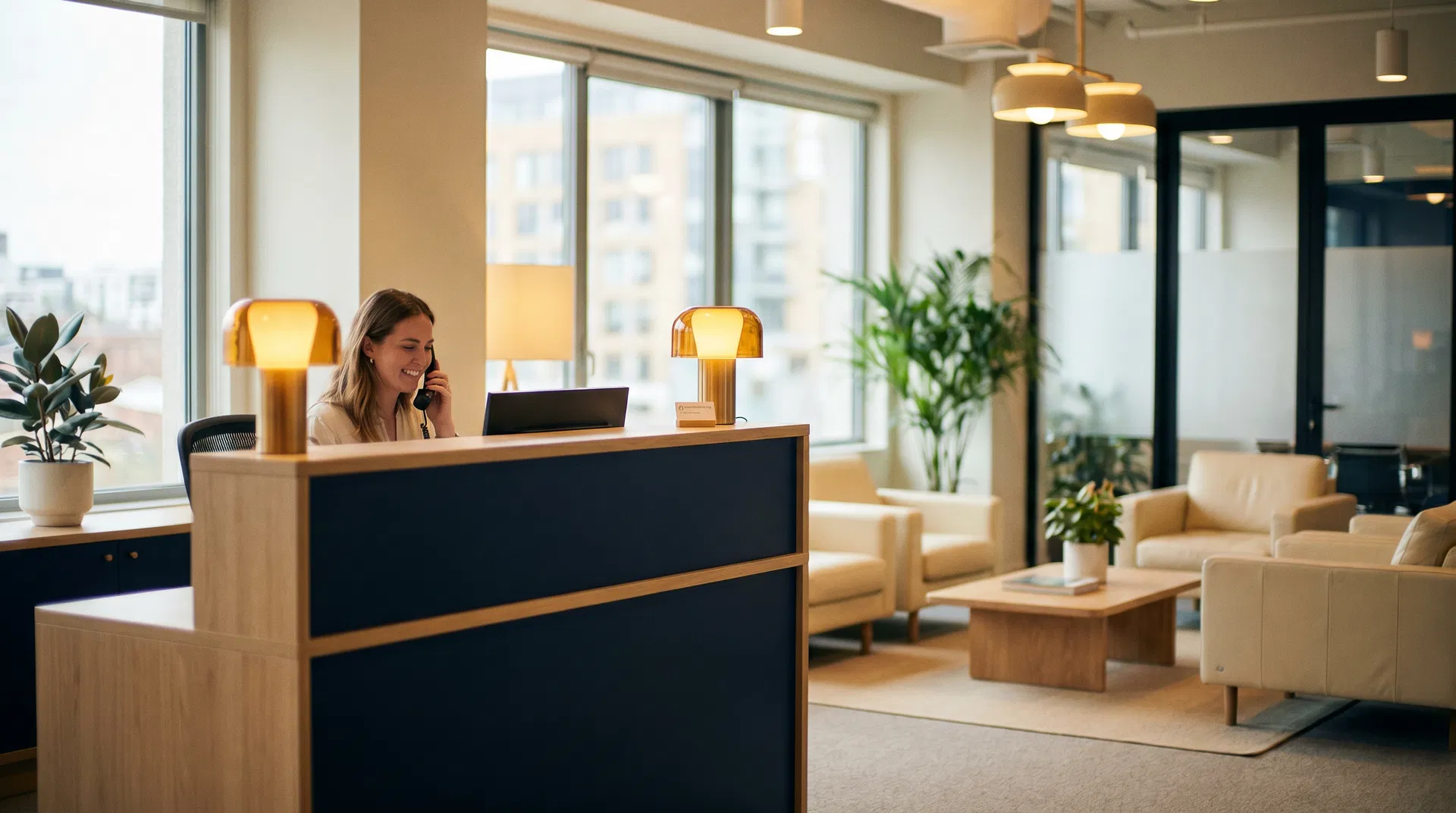 Professional receptionist answering calls in a modern office