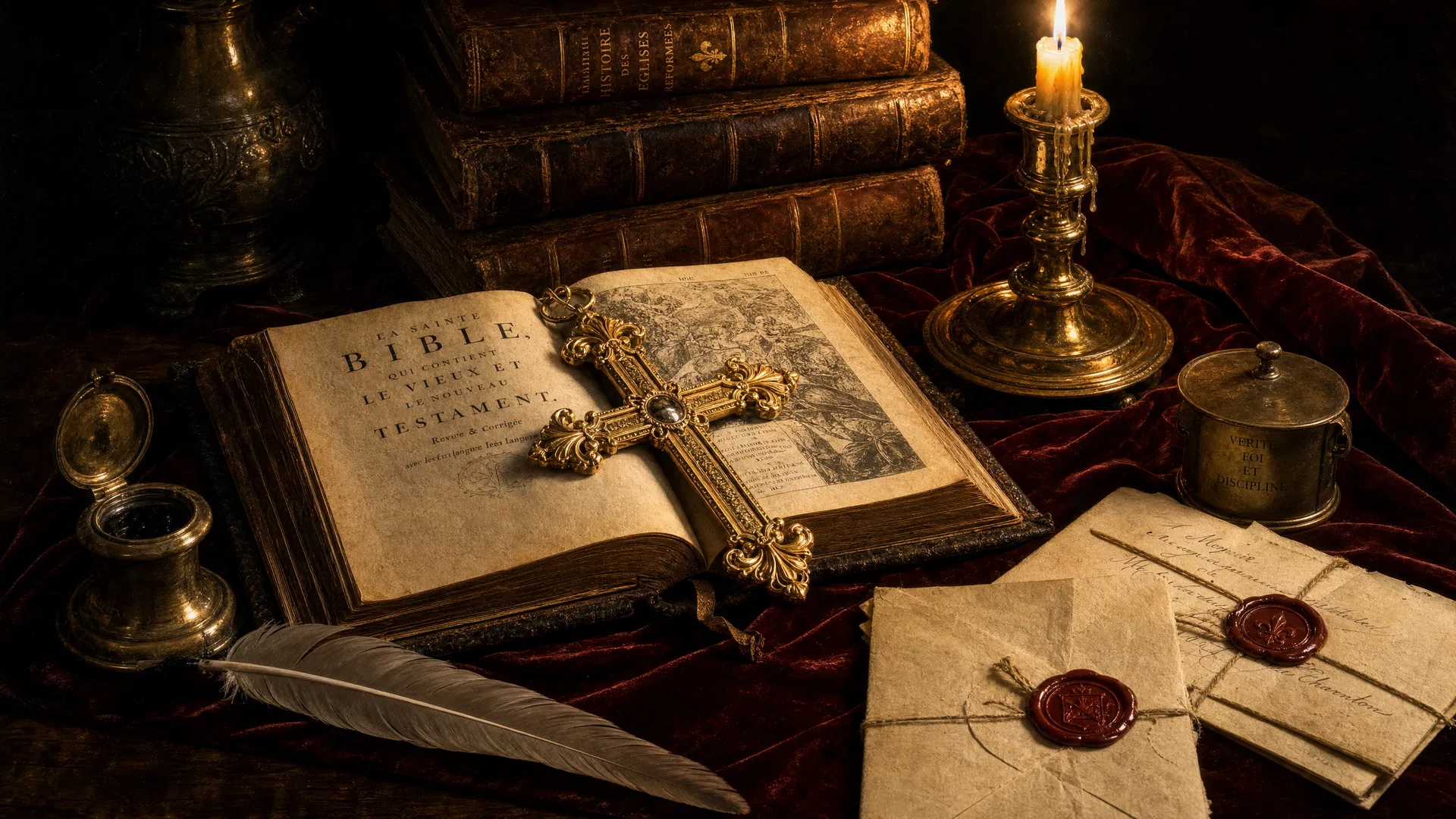 A Huguenot cross on an open Bible