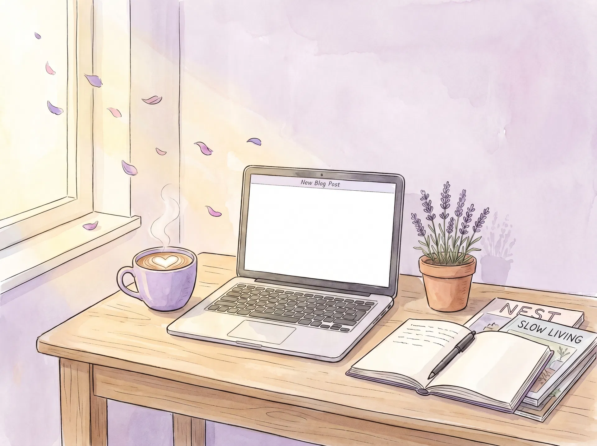 A cozy writing nook with a laptop