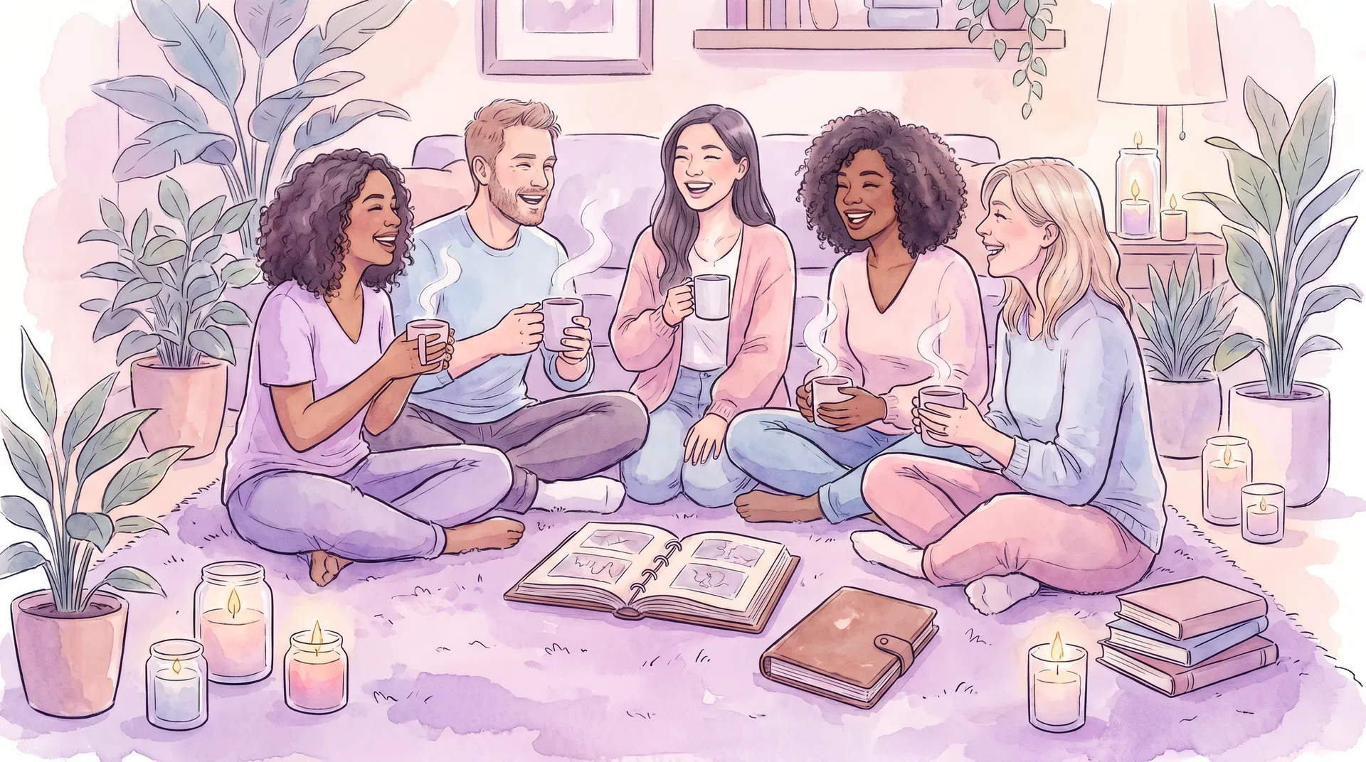 Friends gathered in a cozy lilac living room