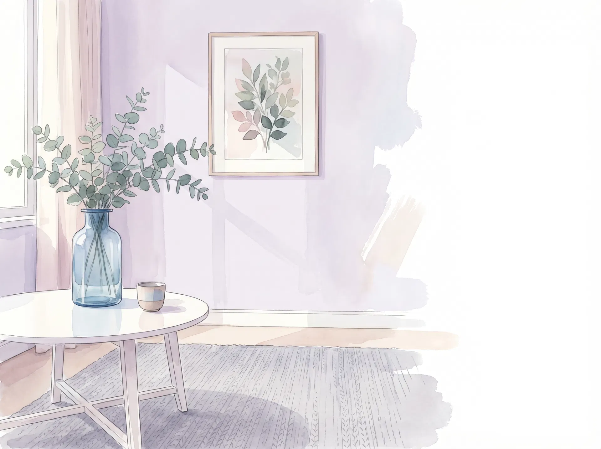 A curated lilac home corner with eucalyptus in a blue vase