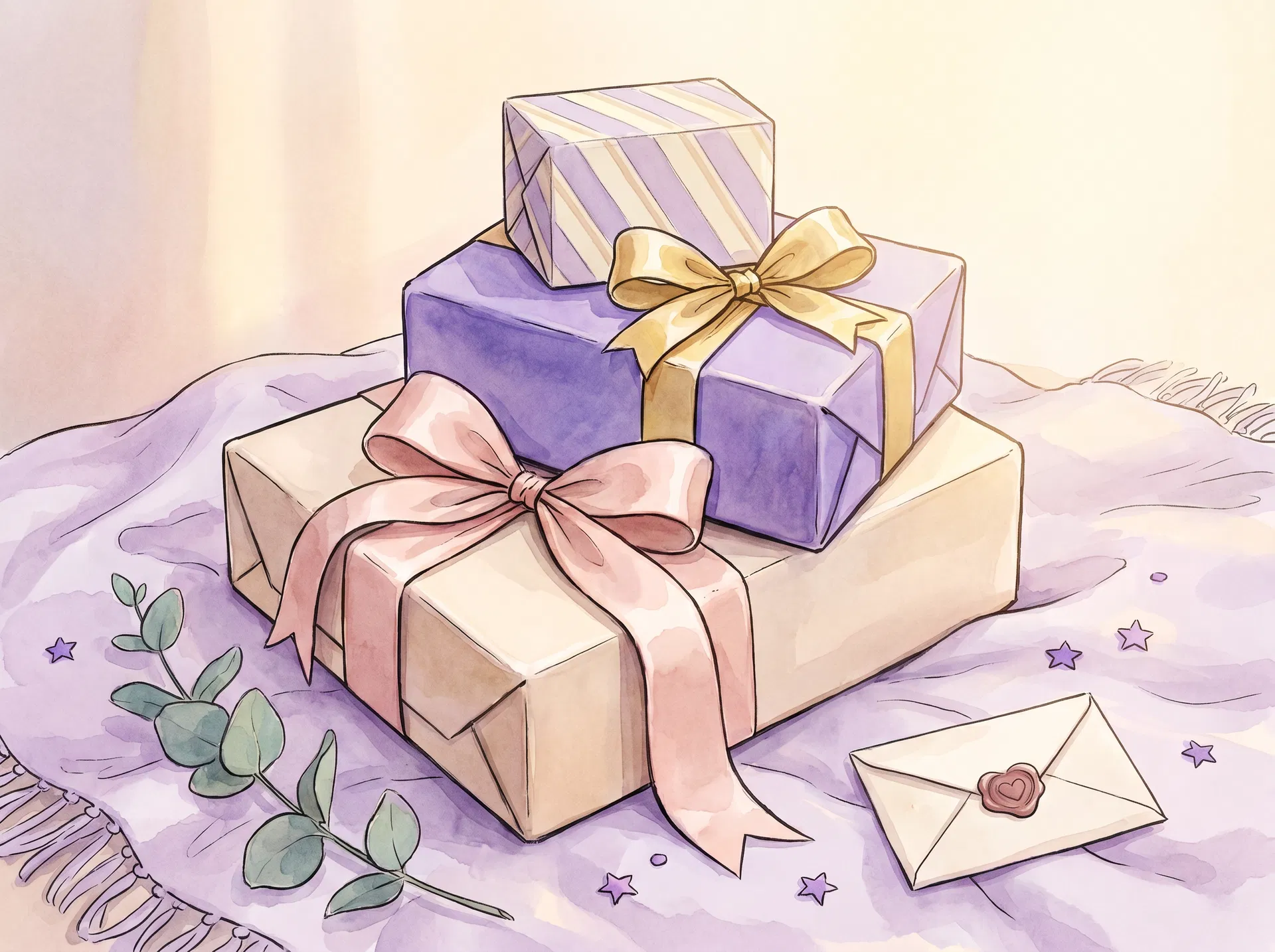 Gift boxes stacked on a lilac blanket