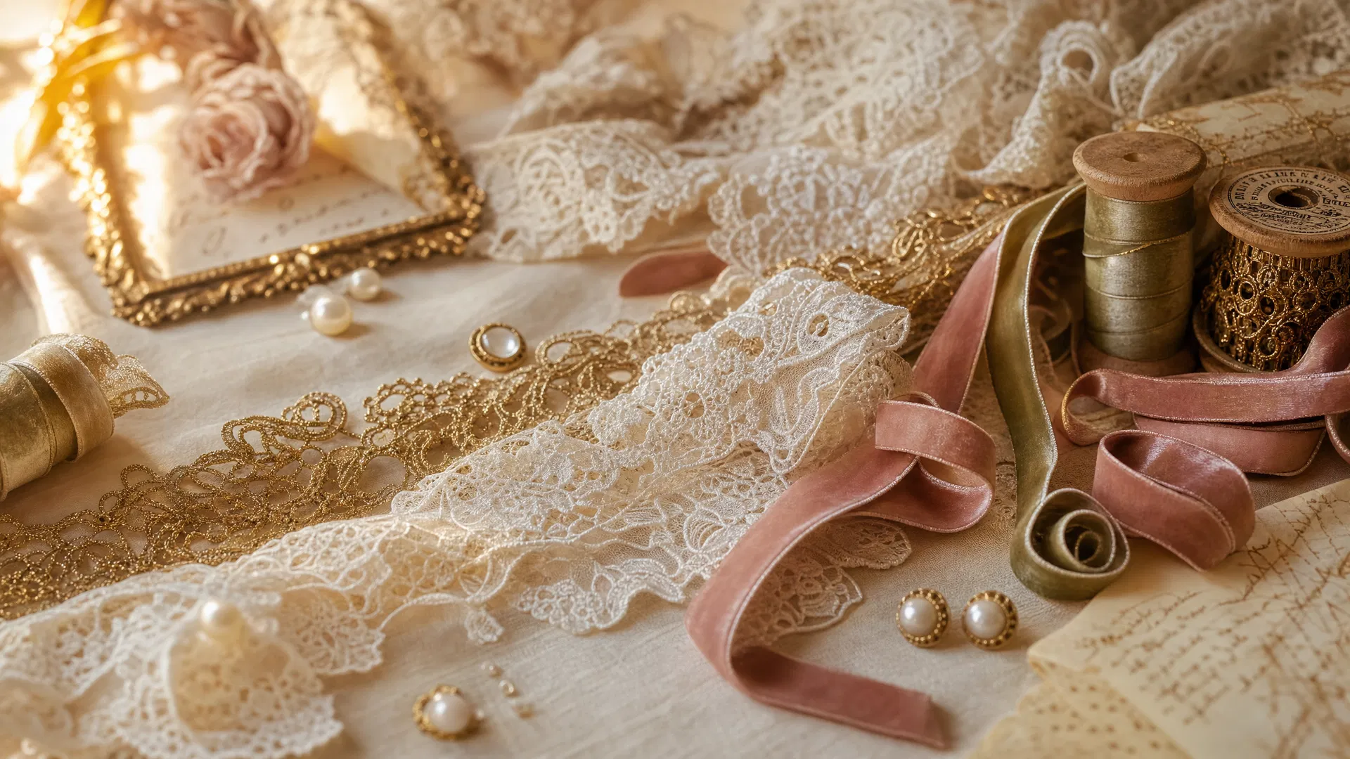 Antique European lace, ribbons, and pearl buttons