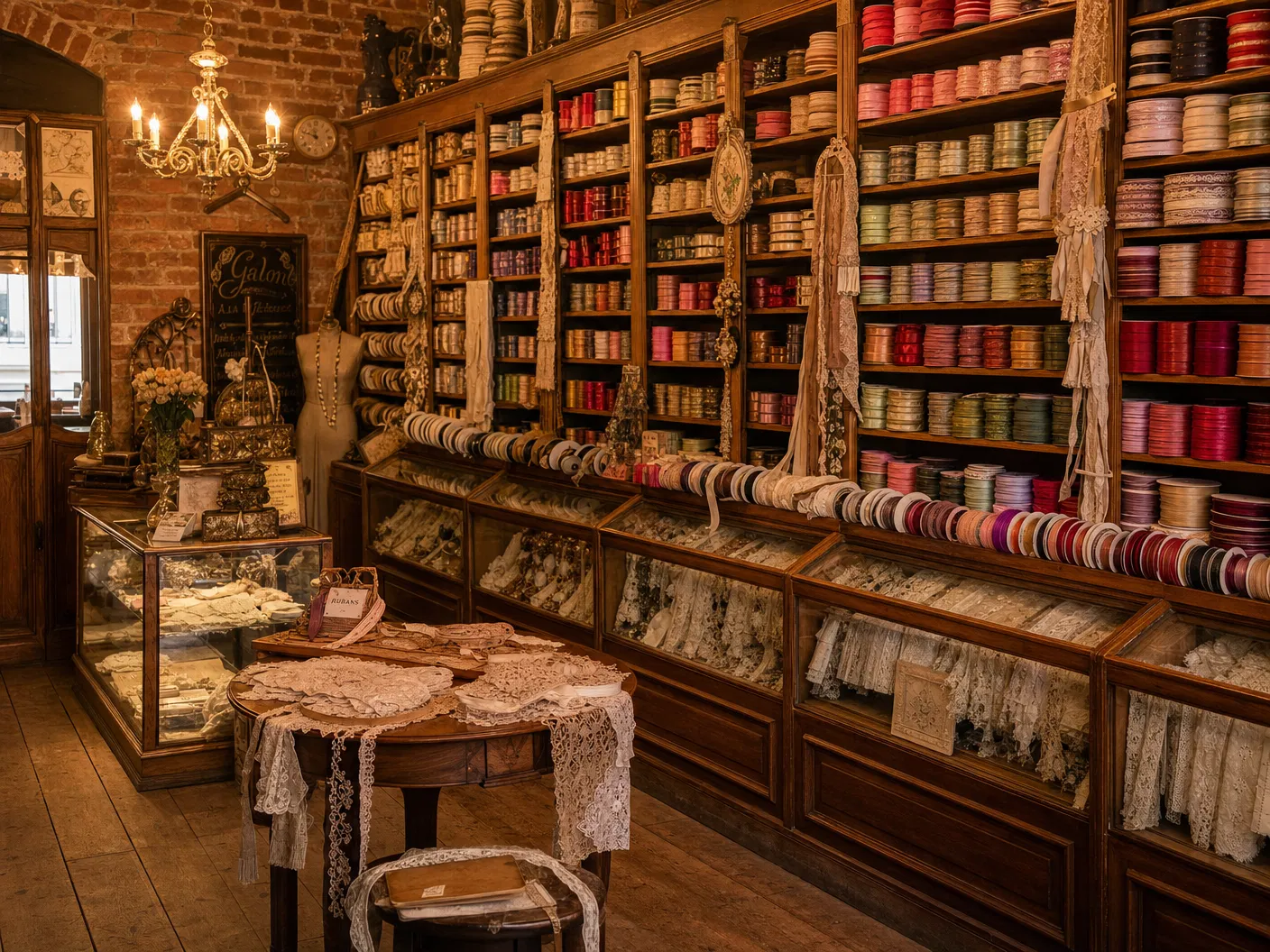 Inside Katrina's antique textile boutique — walls lined with ribbon spools