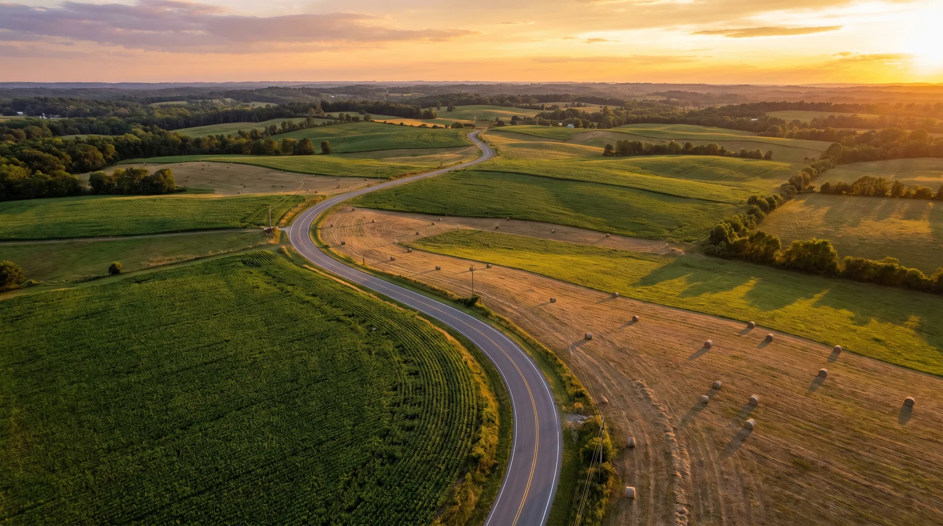 Aerial view of Tennessee rolling hills and farmland ready for residential land development