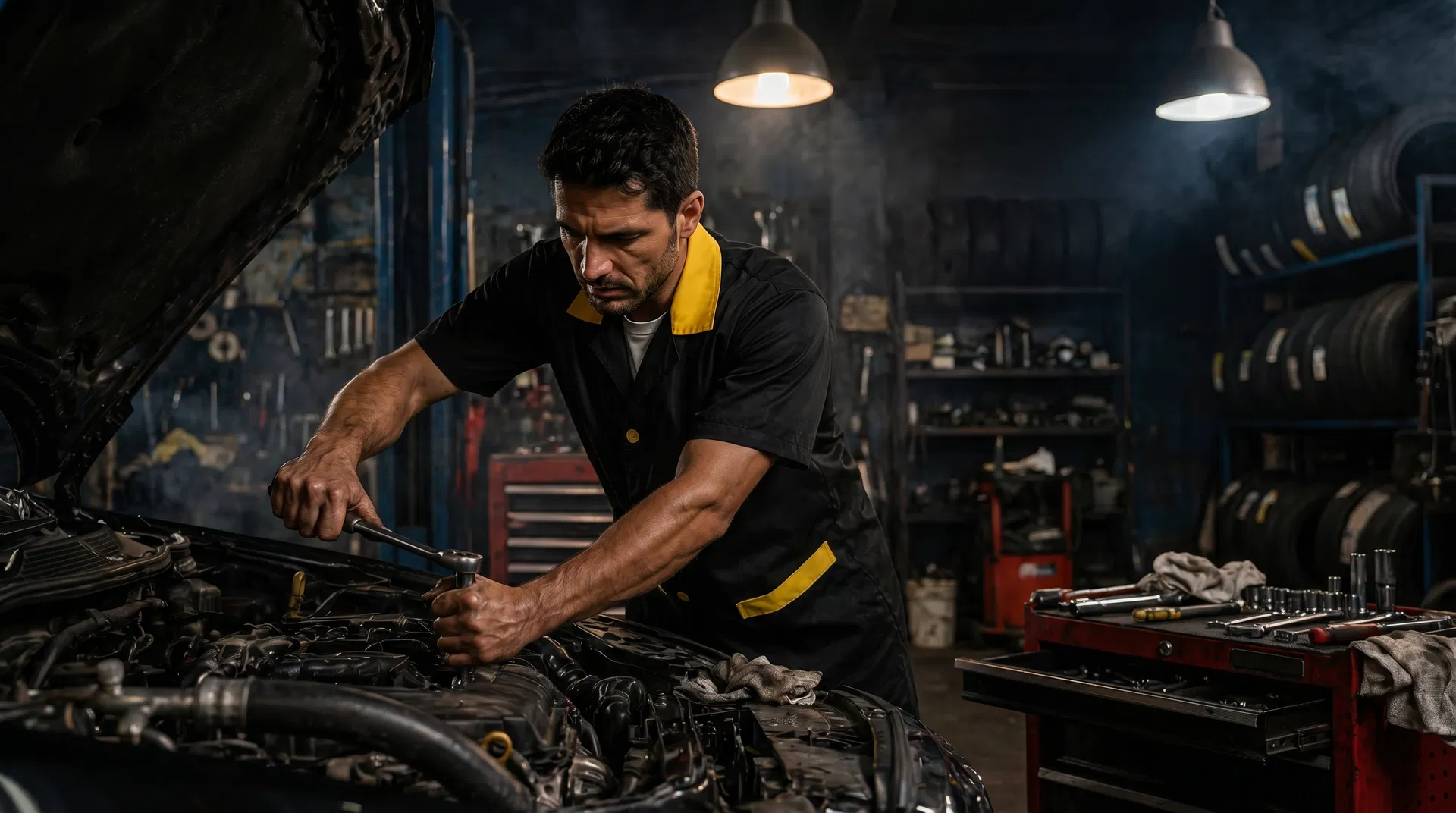 Mecánico trabajando con bata resistente en un taller oscuro