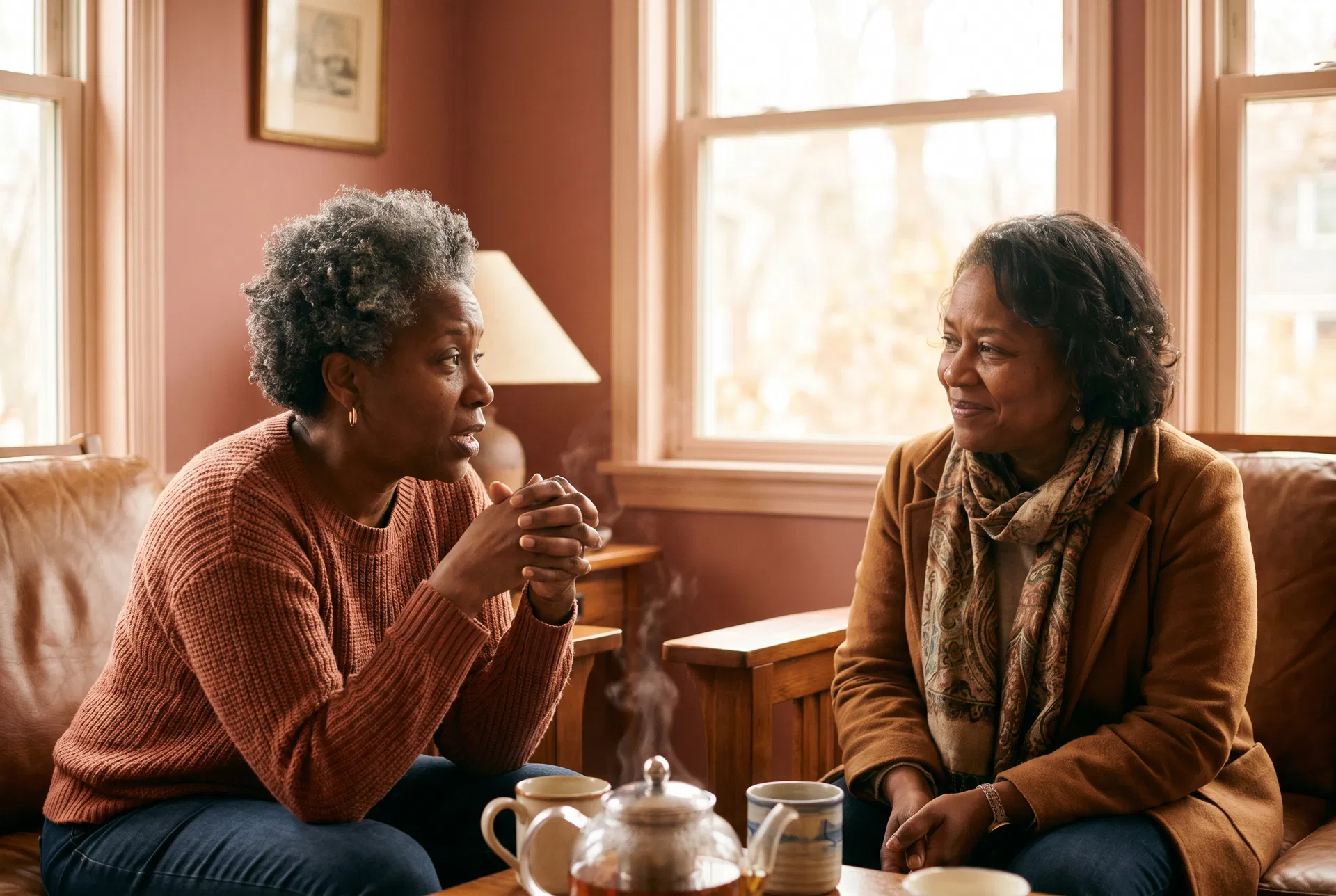 Two women in compassionate conversation — counseling and support