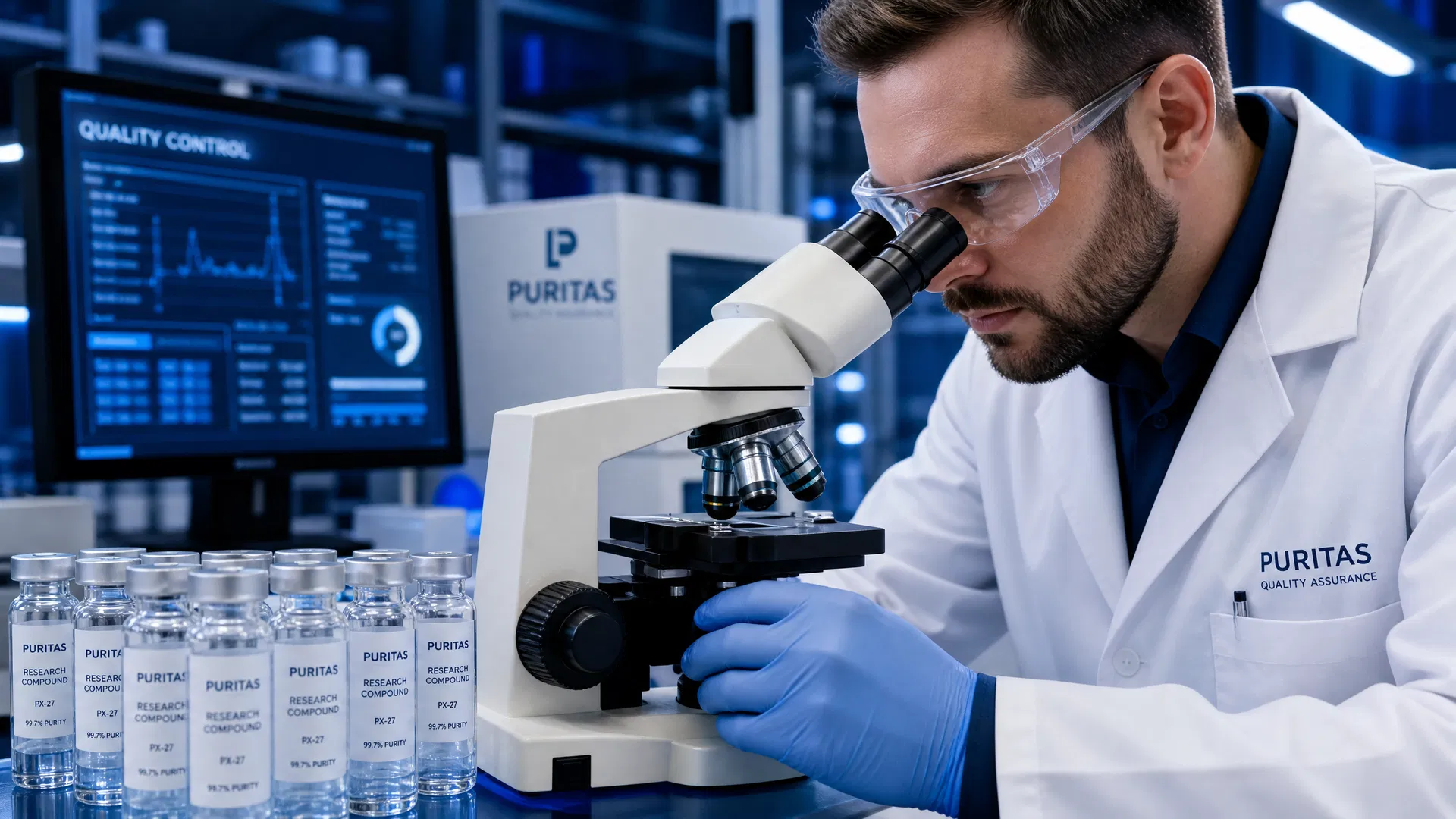 Quality control technician examining compounds under microscope