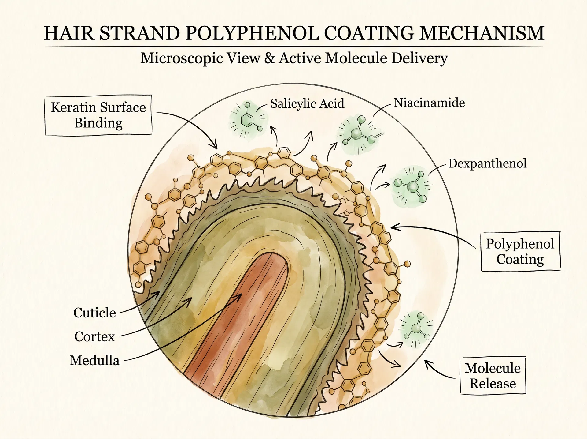 폴리페놀 탄닌산 모발 코팅 메커니즘 과학 일러스트