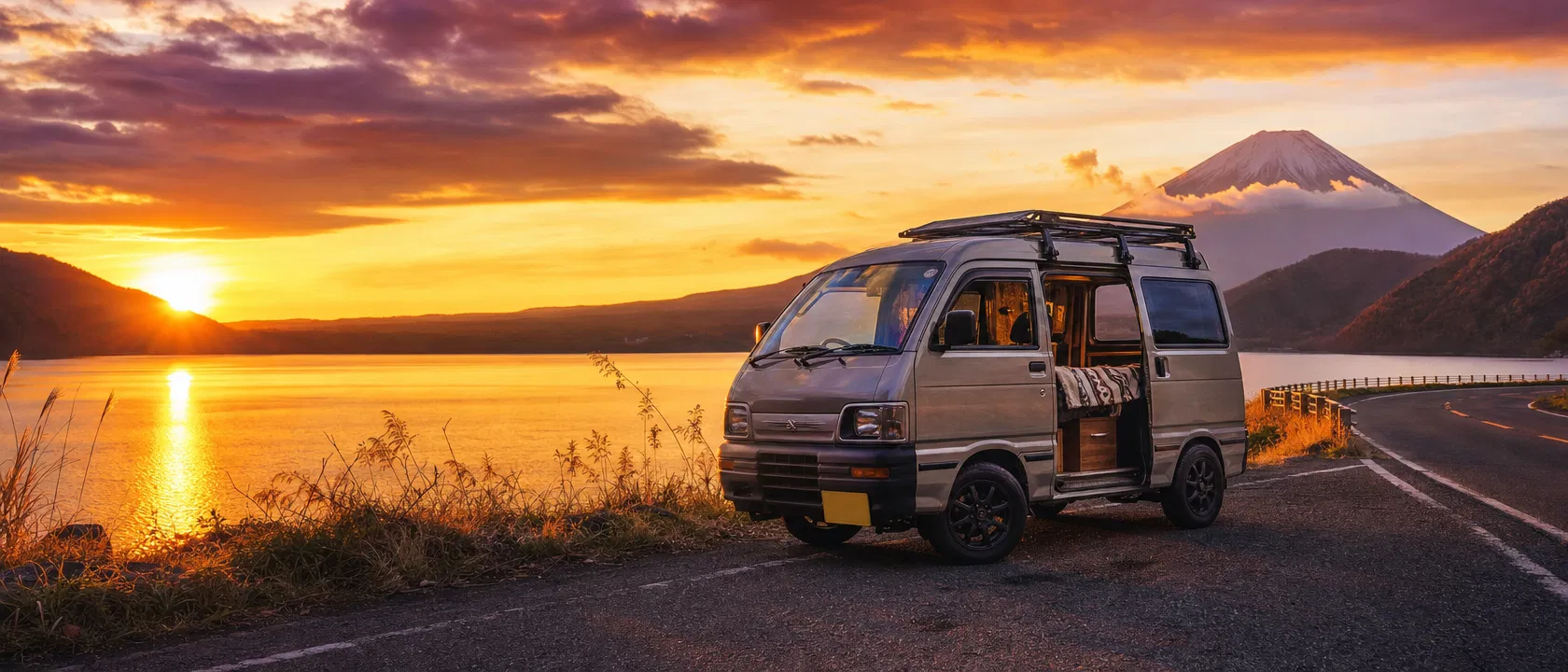 軽キャンピングカーと夕日の風景