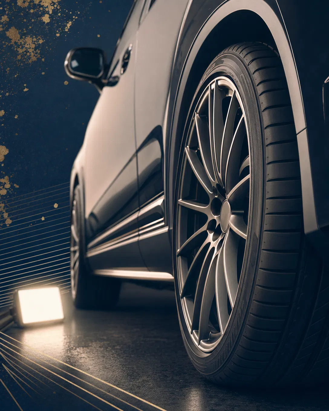 車両品質とタイヤ販売をイメージした車のホイール