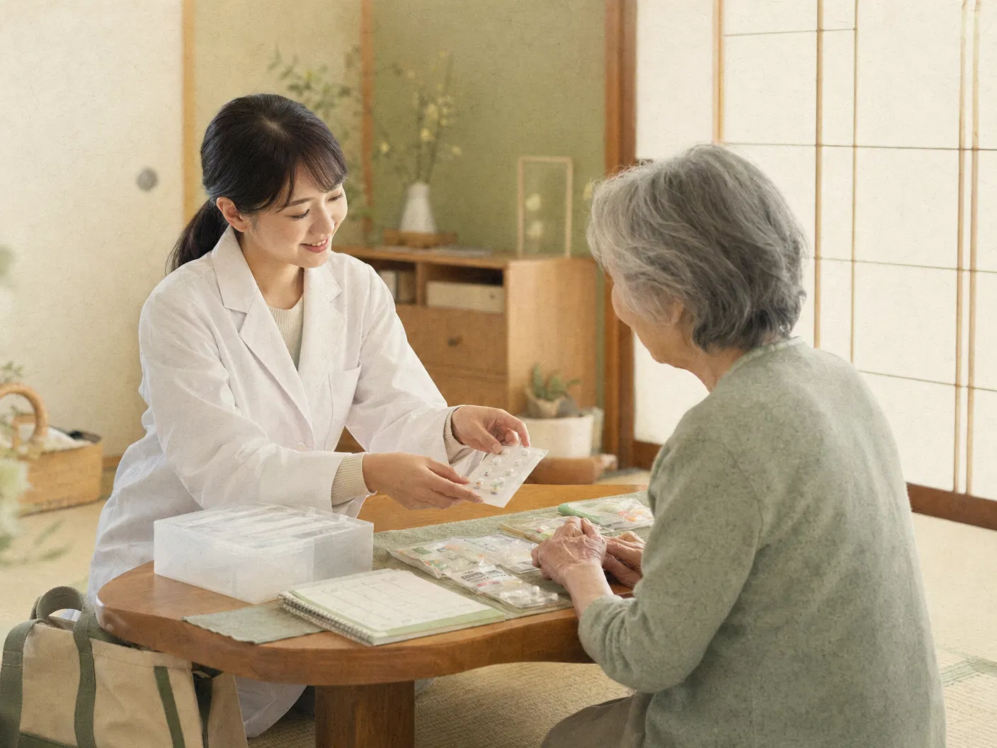 薬剤師がご自宅でお薬について説明している様子