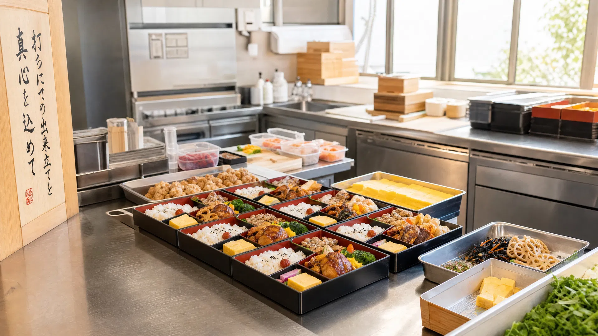 お弁当の盛り付け作業風景